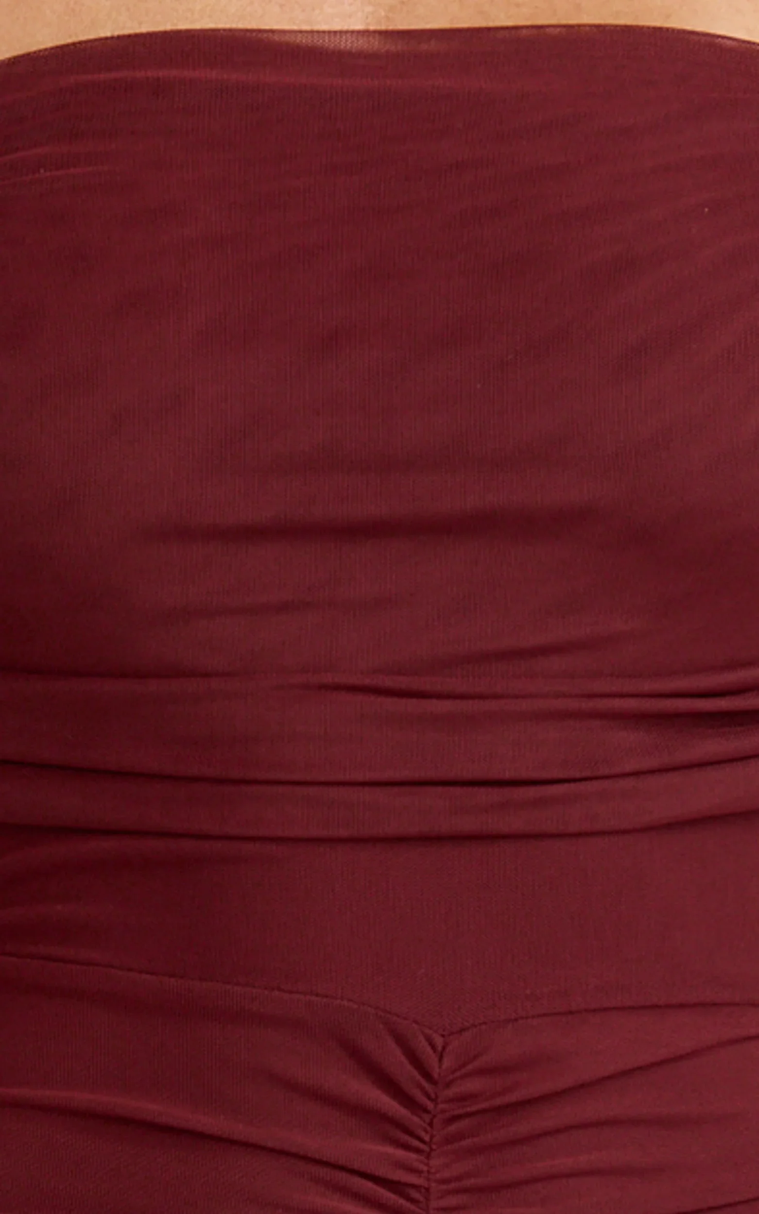 Alanna Maxi Dress - Off Shoulder Ruched Mesh Dress in Wine