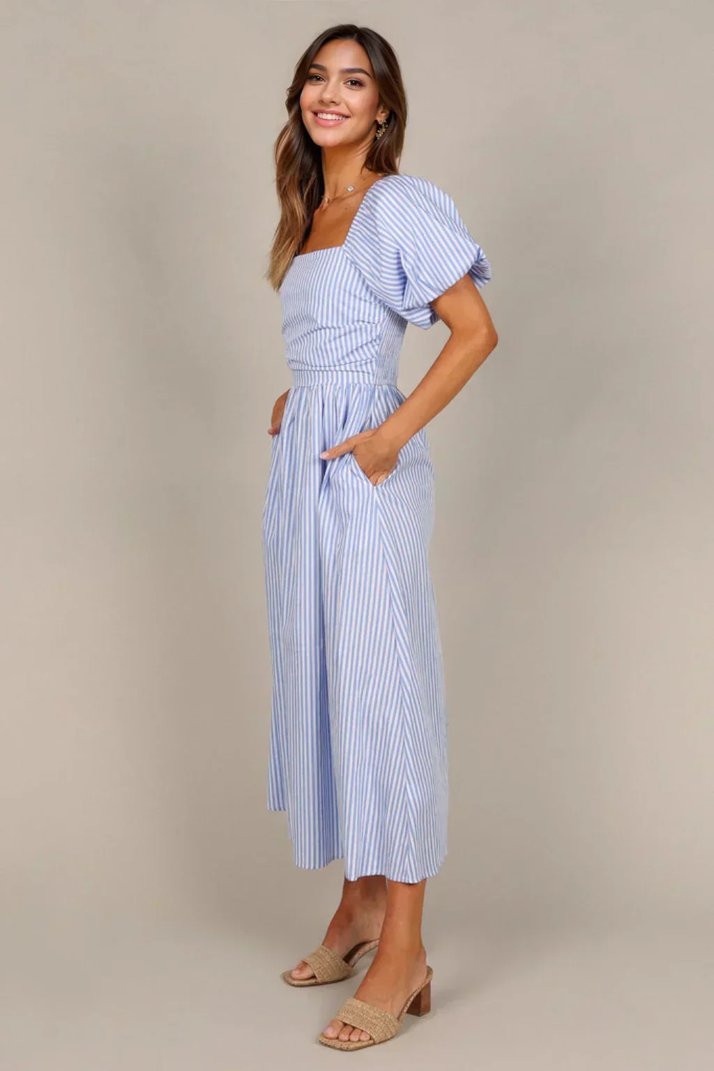 Clo Puff Sleeve Maxi Dress - Blue Stripe - luluinthesky