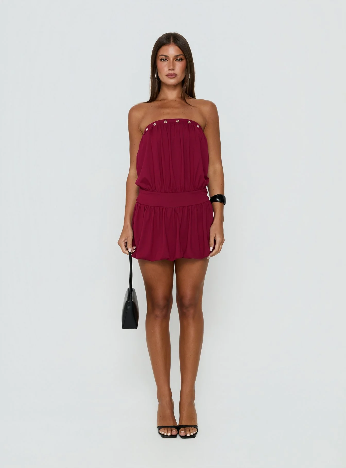 Lenika Eyelet Strapless Mini Dress Burgundy