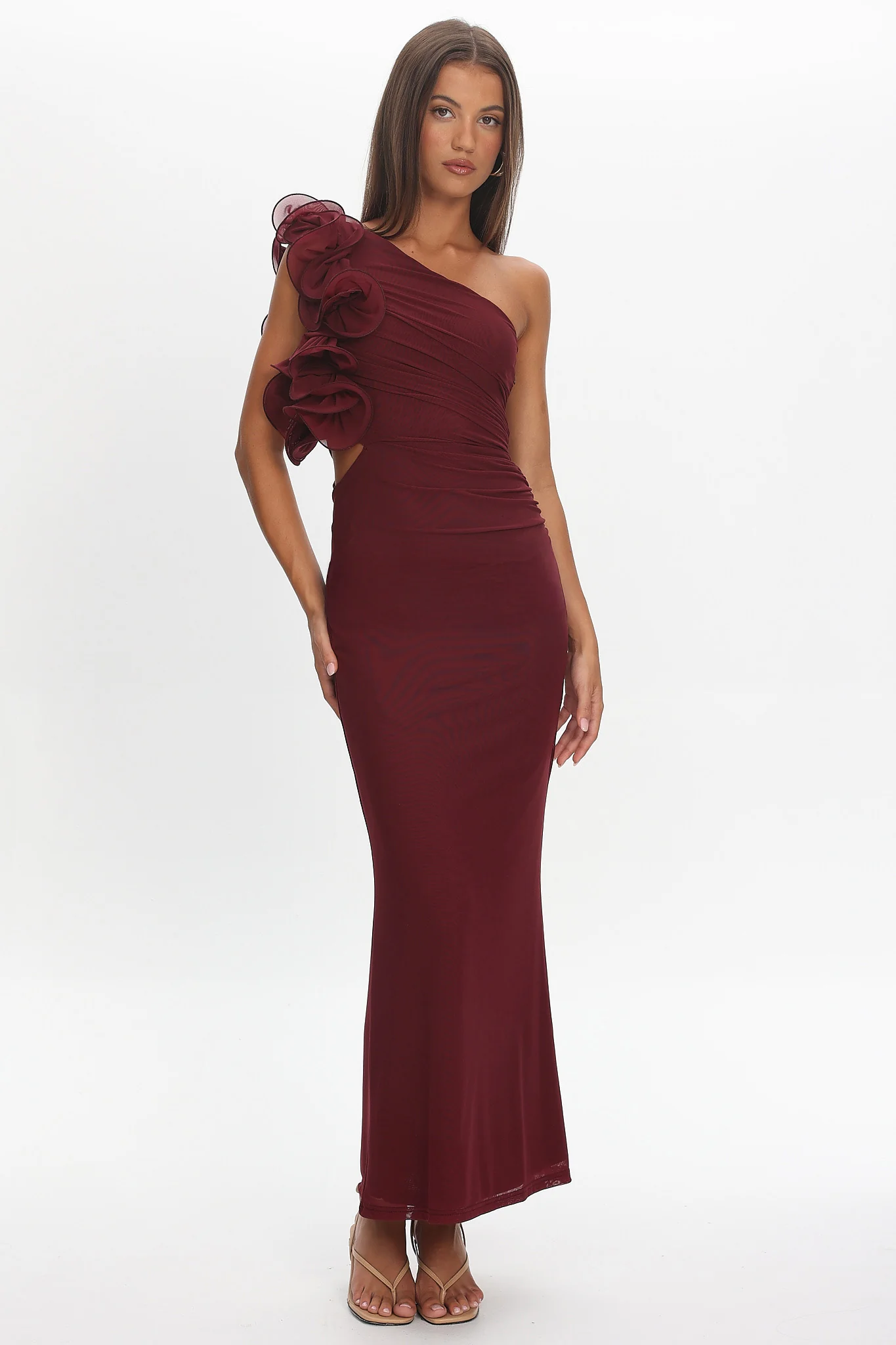 Deanna One-Shoulder Ruffle Maxi Dress Wine