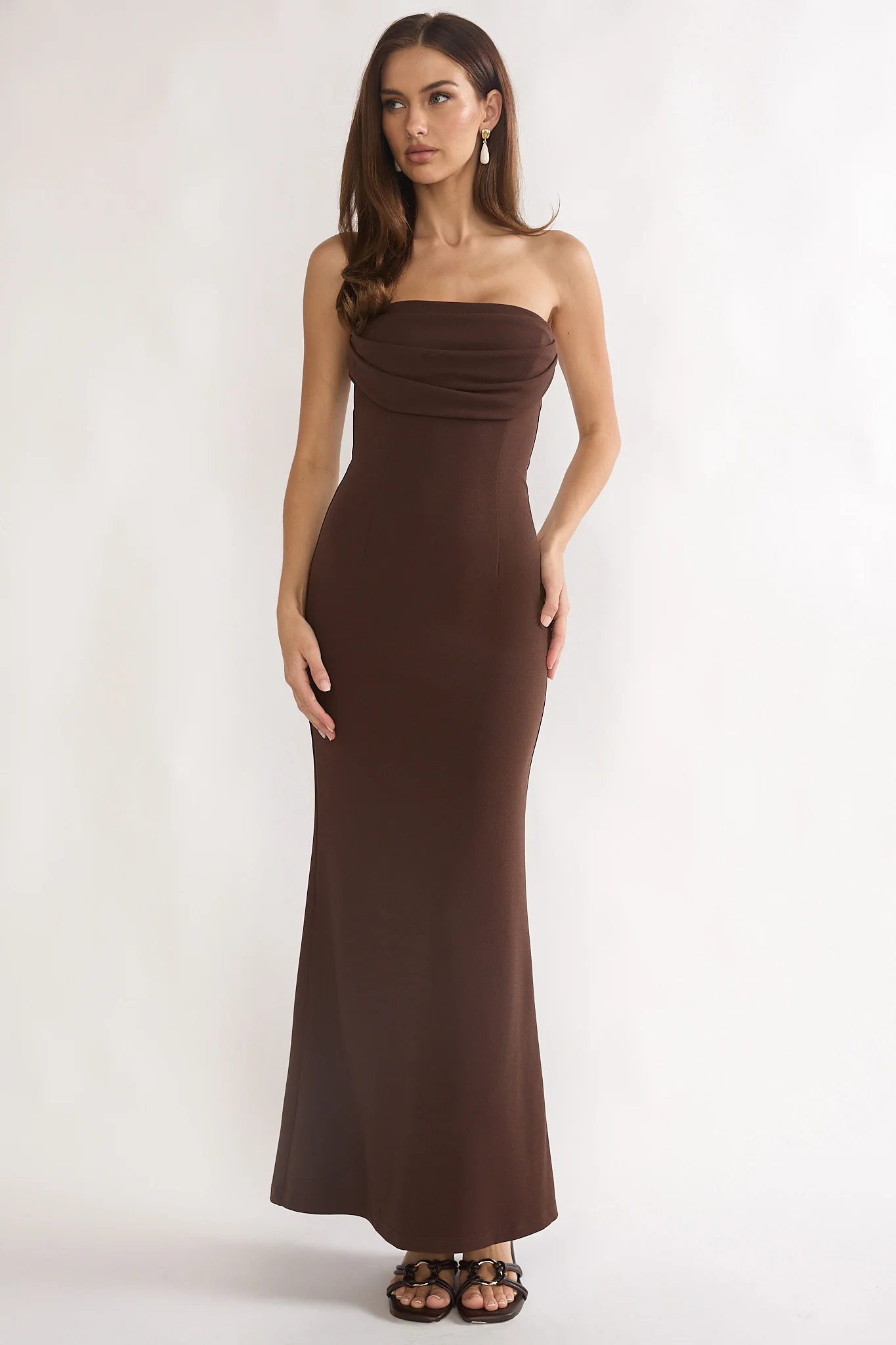 Well Versed Strapless Pleat Bust Maxi Dress Chocolate