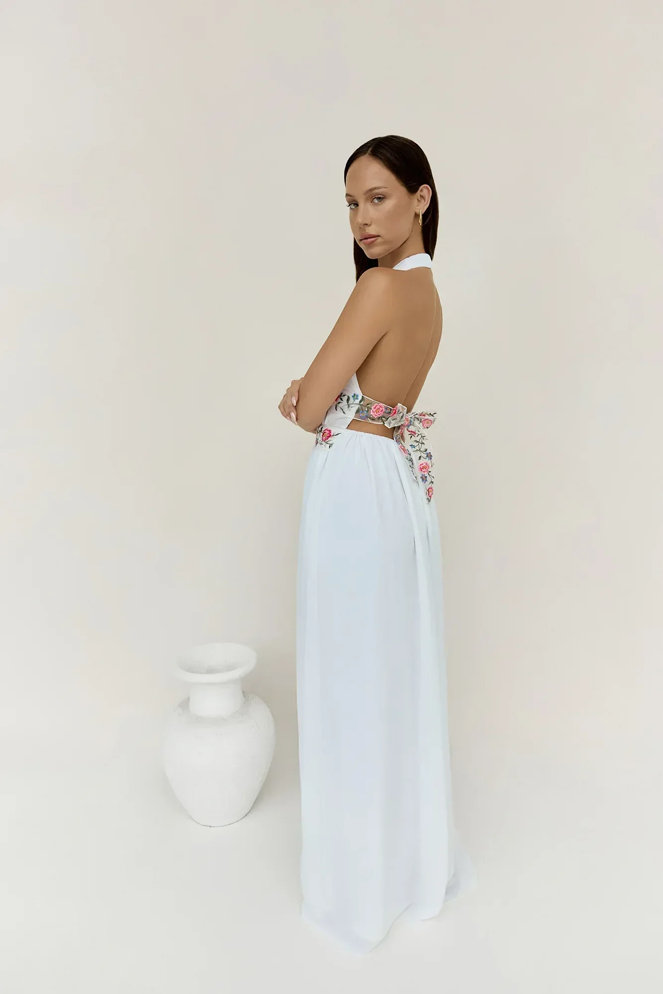 Maldives Garden Halter Maxi Dress White - luluinthesky