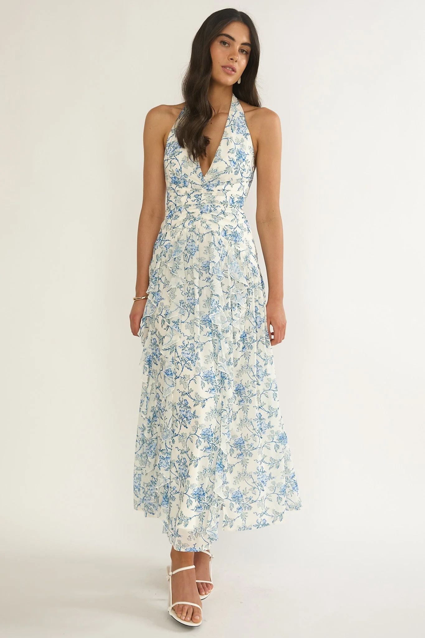 She's Glowing Halterneck Ruffle Dress Floral Blue