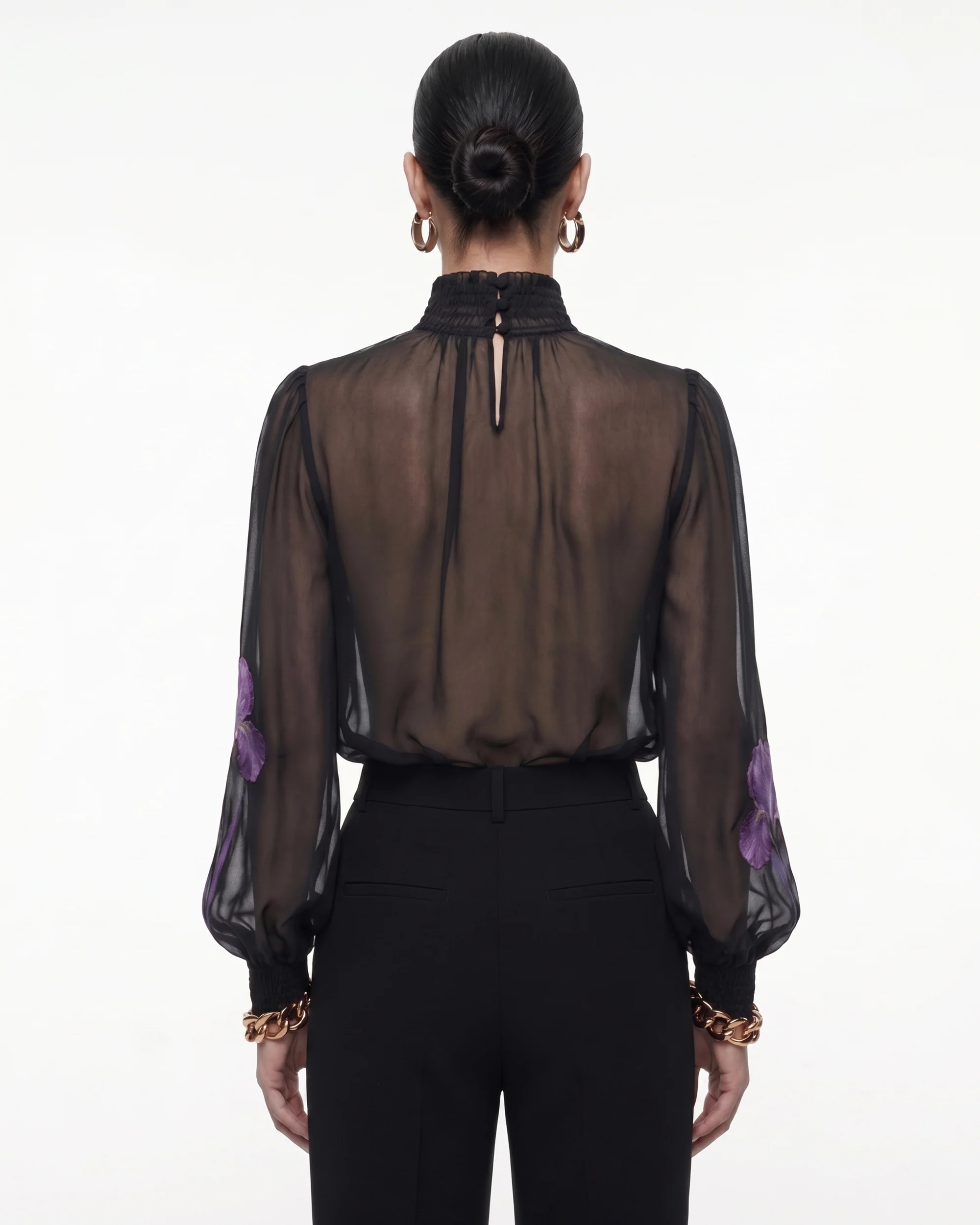 Iris Print Sheer High Neck Blouse - Black/Purple