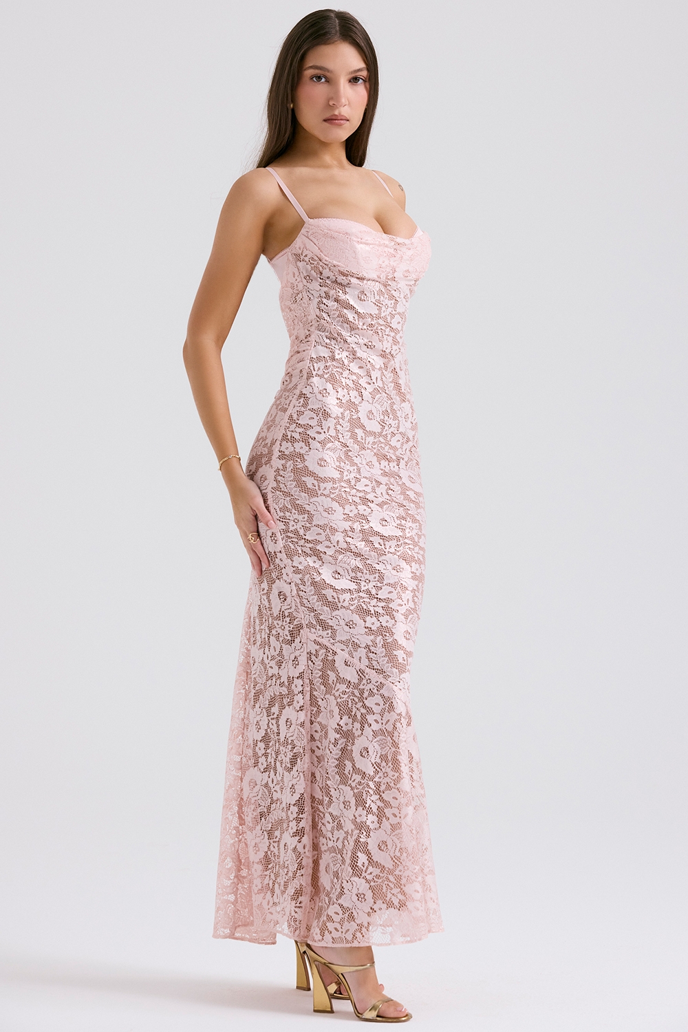 Rose Pink Lace Godet Gown