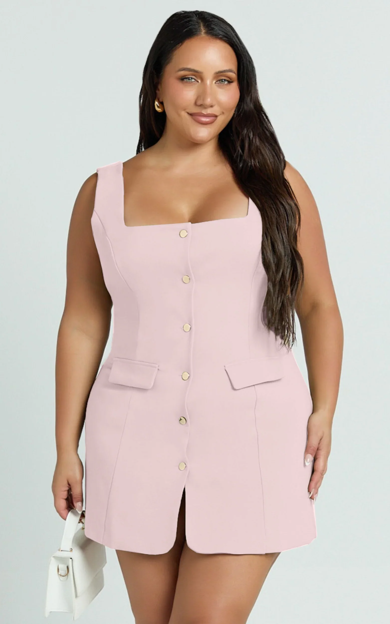 Kenna Mini Dress - Square Neck Button Down Mini Dress in Pink