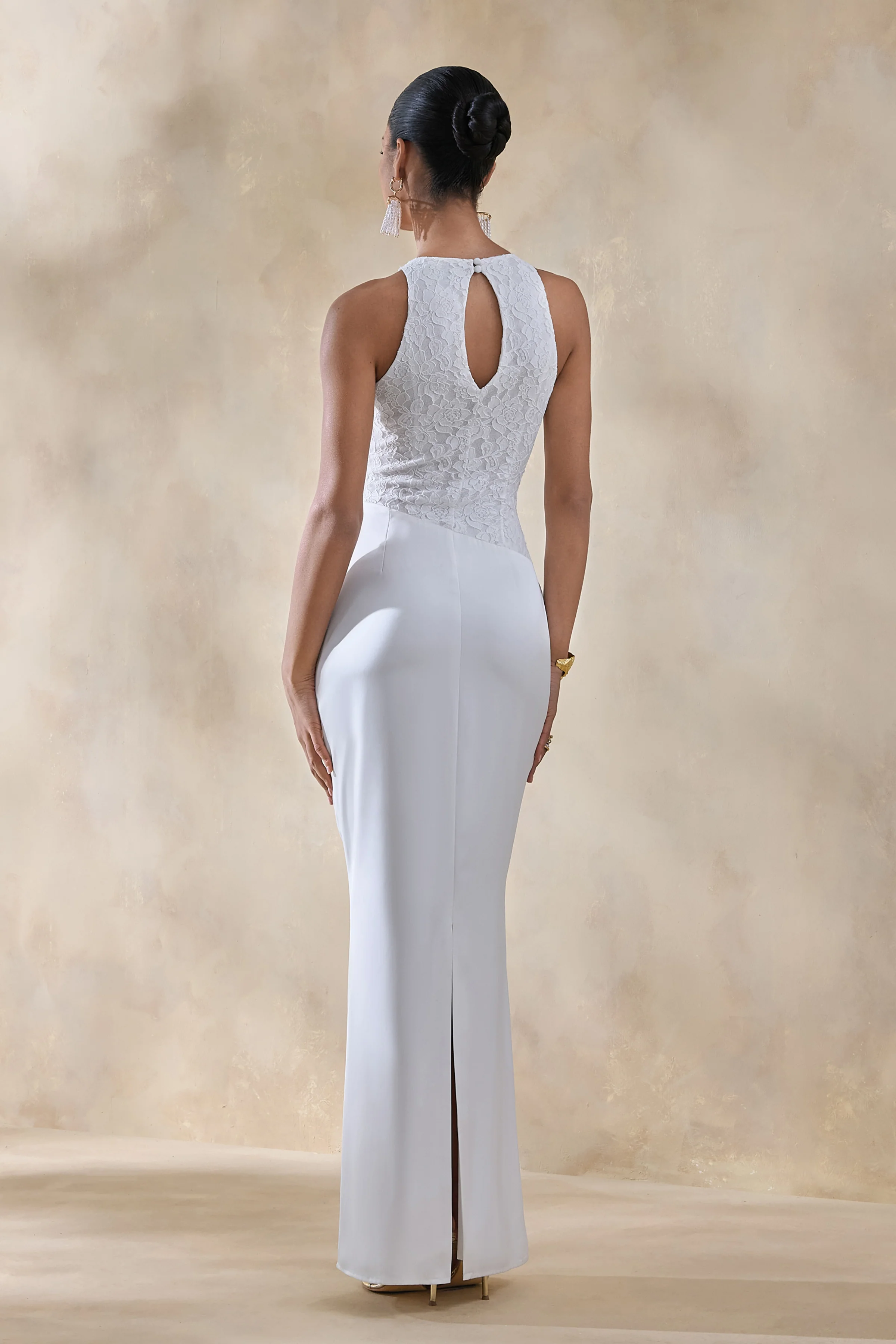 Neria | White Satin And Lace Crew-Neck Maxi Dress With Draped Wrap-Skirt