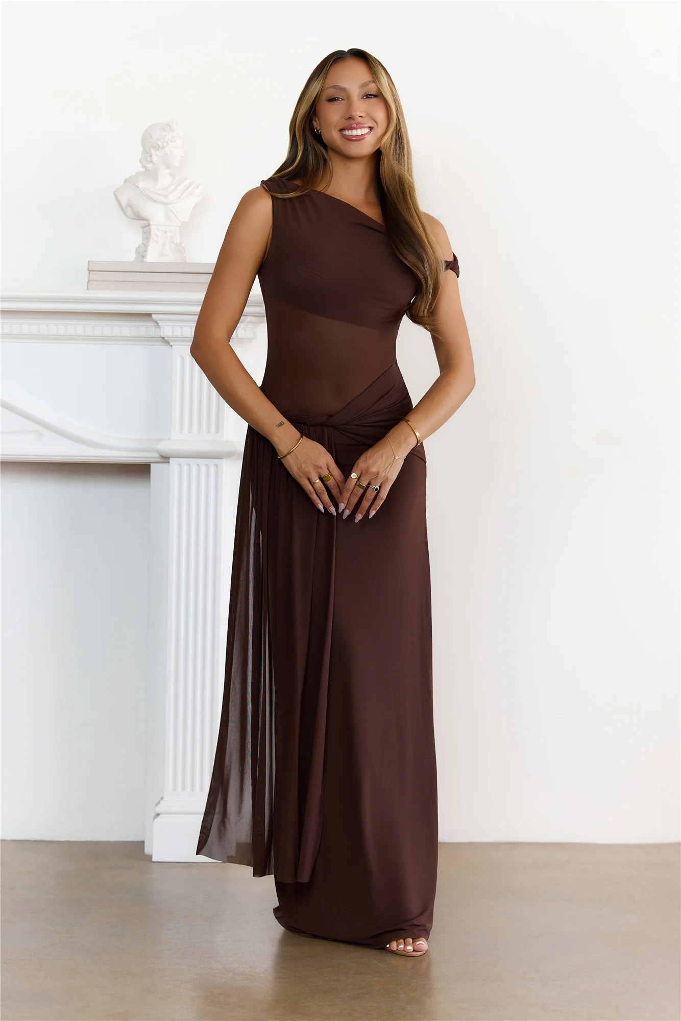 Sleek Off Shoulder Sheer Maxi Dress Chocolate