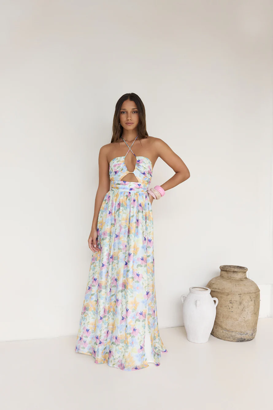 Hibiscus Hues Halter Maxi Dress Print