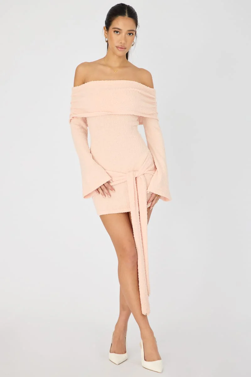 Orange Knitted Off Shoulder Tie Waist Mini Dress