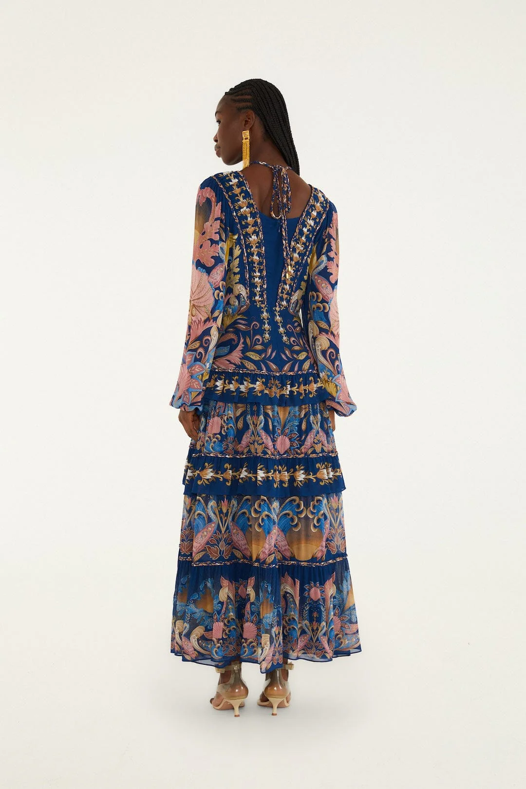 Navy Blue Sea Garden Braid Details Maxi Dress