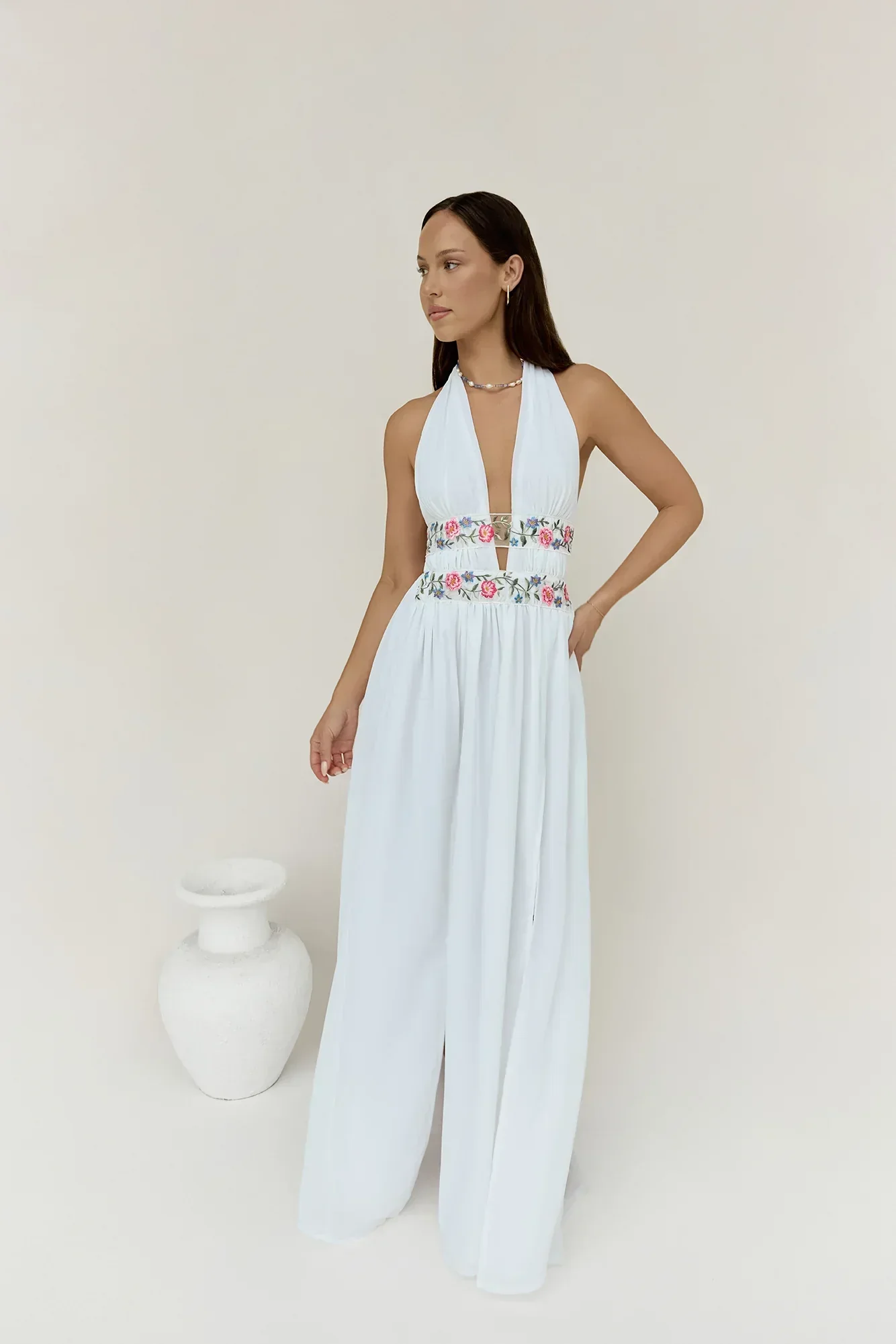 Maldives Garden Halter Maxi Dress White - luluinthesky