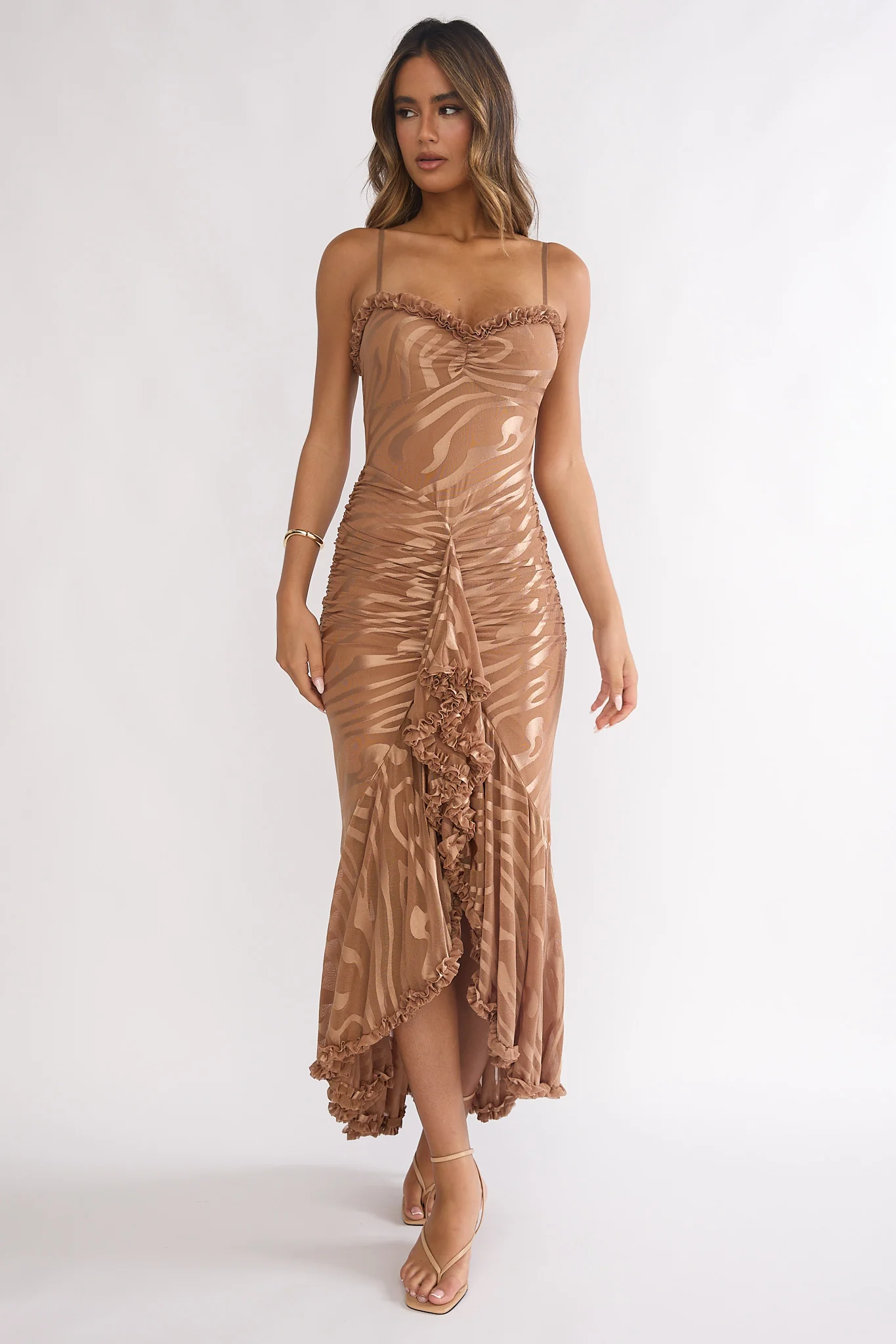 Everine Ruched Frill Trim Maxi Dress Mocha