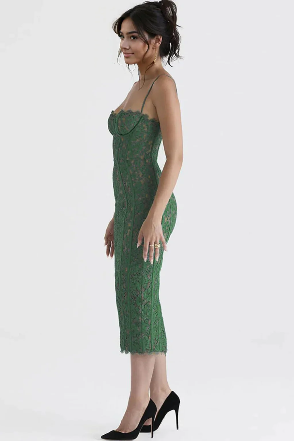 Vintage Eyelash Sweetheart Bodycon Lace Cocktail Midi Dress - Green