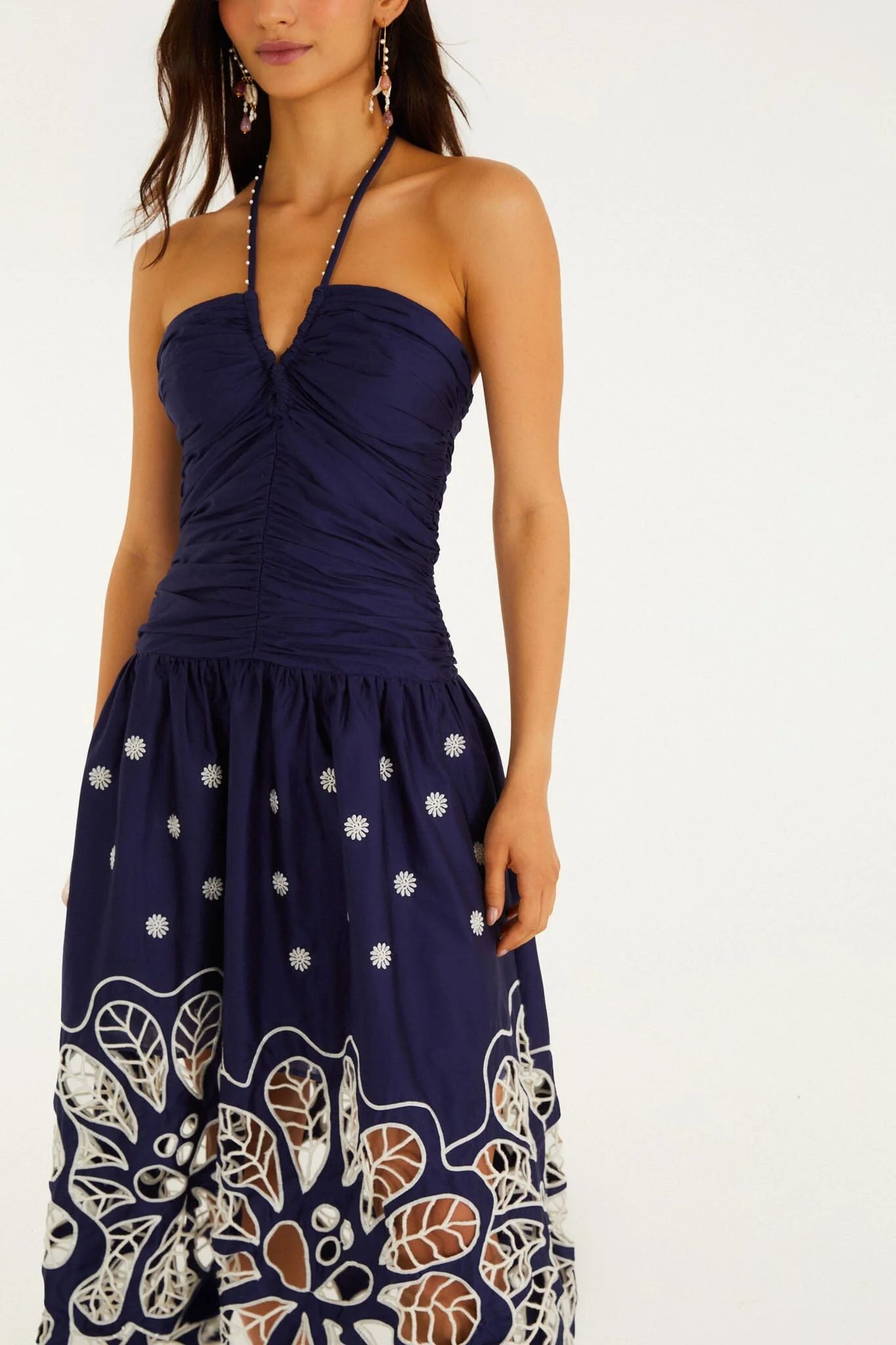 Navy Blue Embroidered Richelieu Midi Dress
