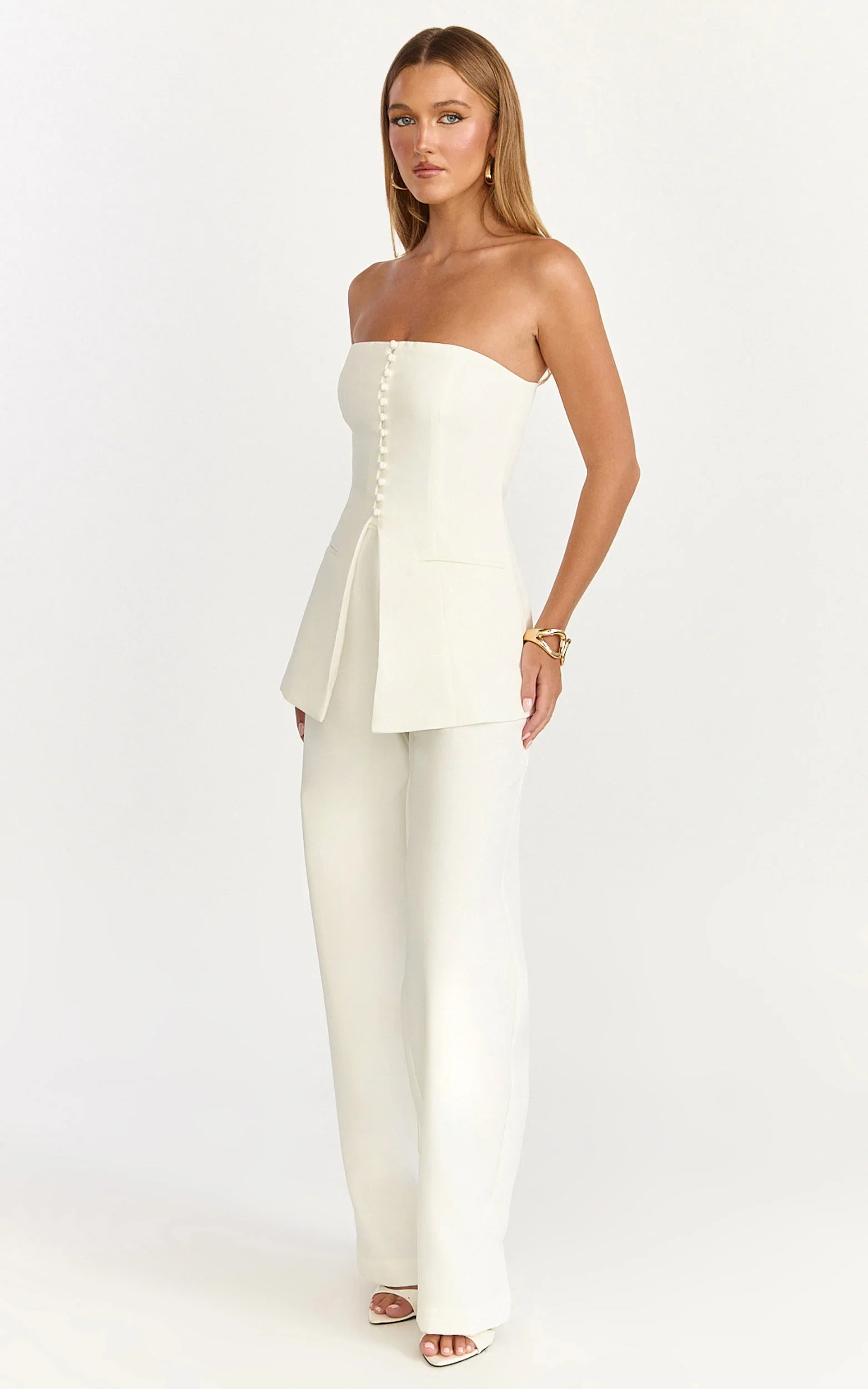 Amelia Two Piece Top and Pant Set - Strapless Button Down Top And Tailored Wide Leg Pants Set in White
