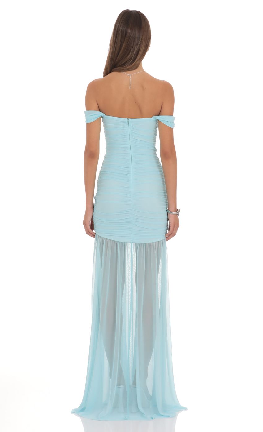 Mesh Off Shoulder Ruched Maxi Dress in Blue