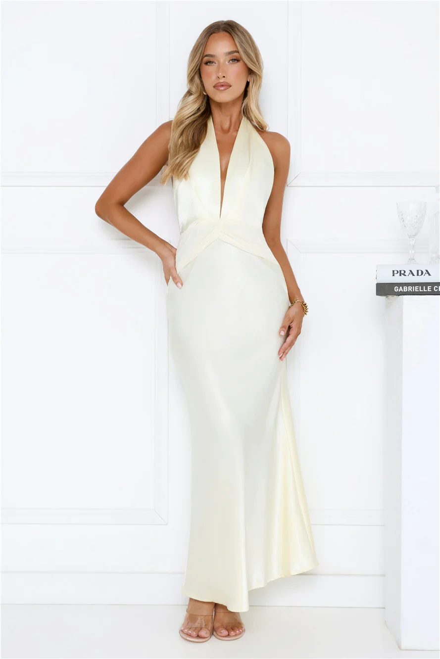 Twilight Charm Satin Halter Maxi Dress Yellow