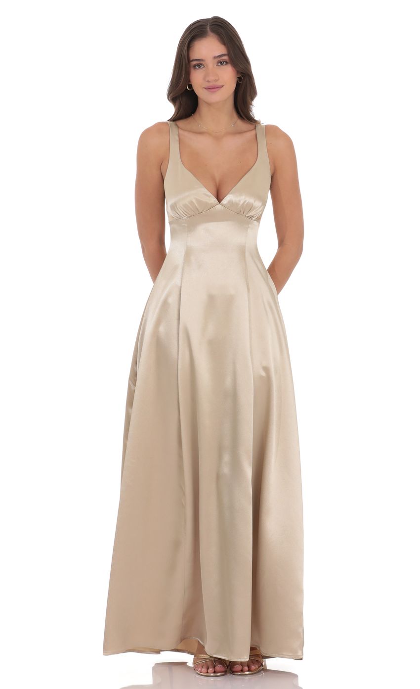 Satin V-Neck Fit and Flare Maxi Dress in Gold