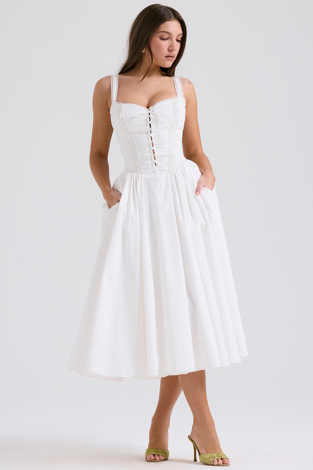 White Broderie Anglais &Amp; Cotton Midi Dress
