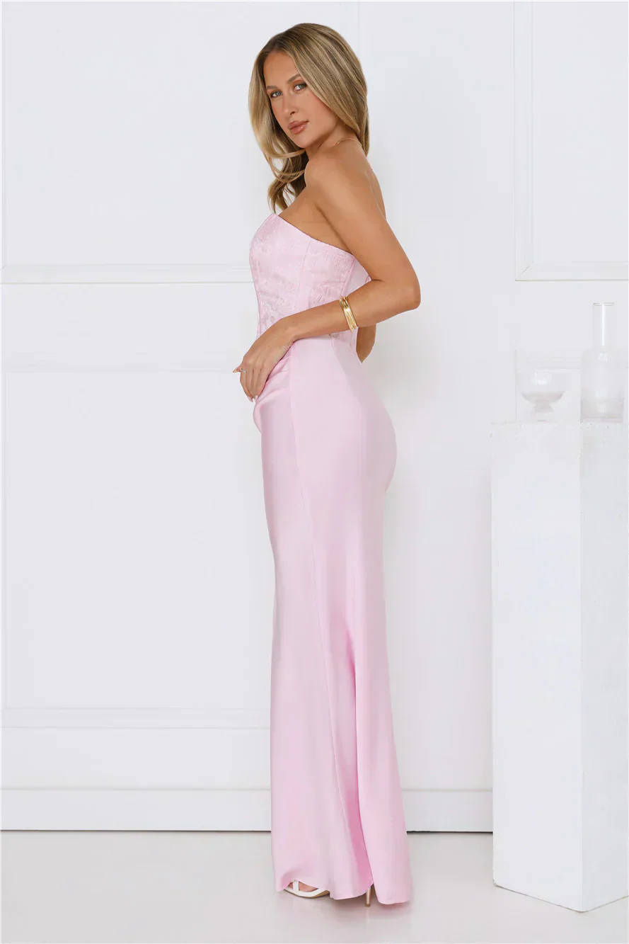Dressed To Dazzle Strapless Satin Maxi Dress Pink