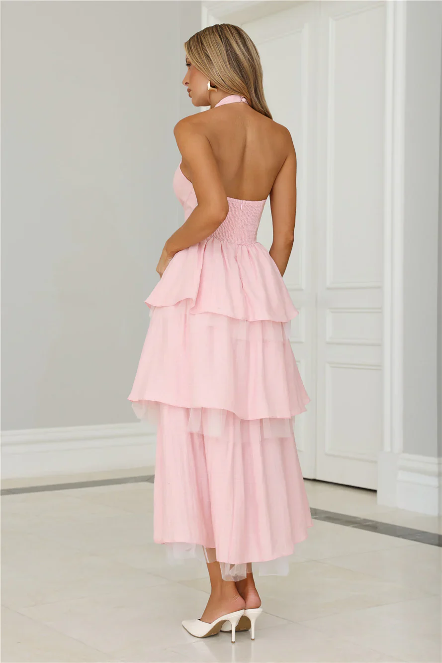Twinkle Into Night Tulle Halter Maxi Dress Pink - luluinthesky