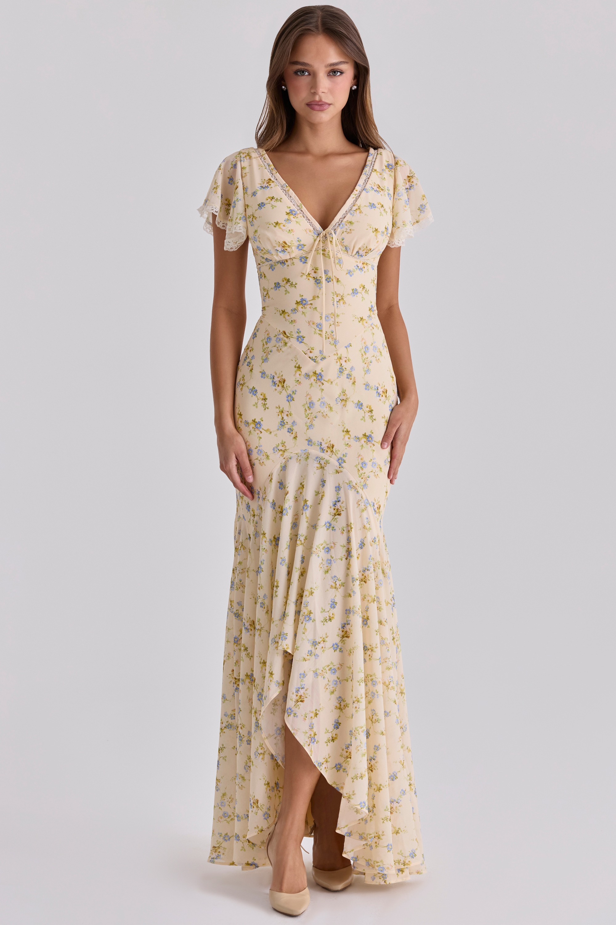 Lemon Floral Print Georgette Maxi Tea Dress