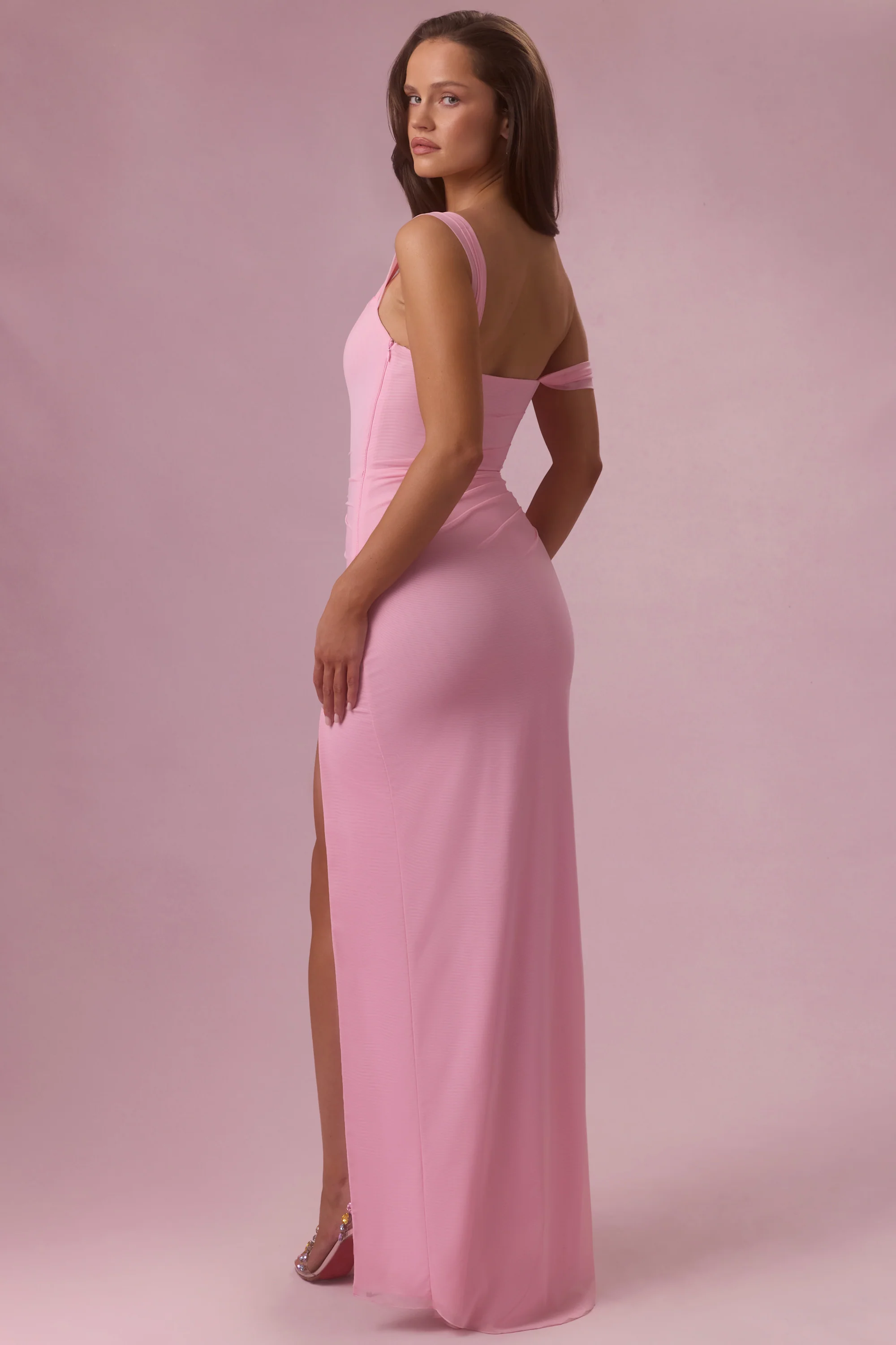 Premium Mesh Draped Corset Gown in Candyfloss Pink