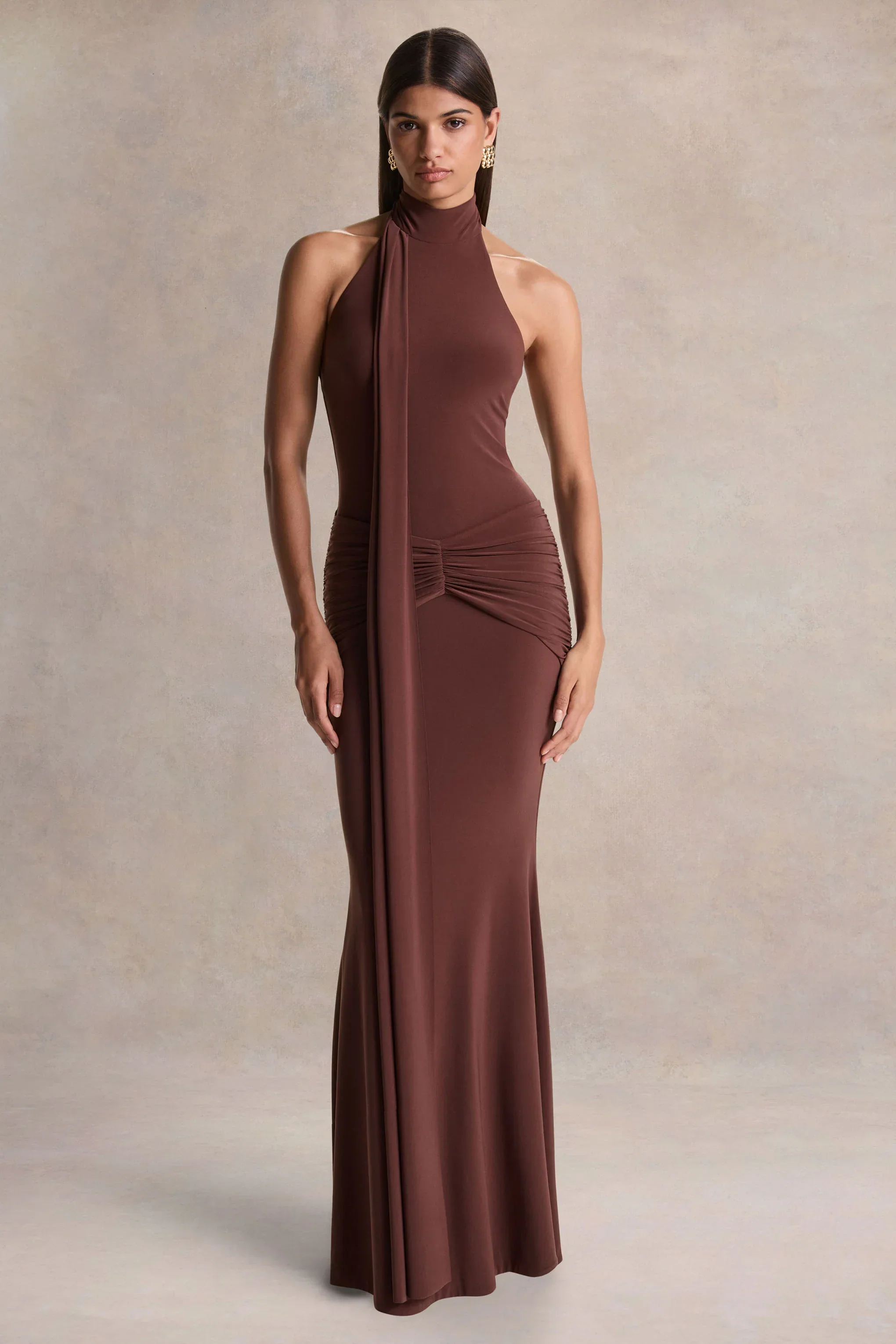 Hyla | Brown High-Neck Maxi Dress With Sash-Detail