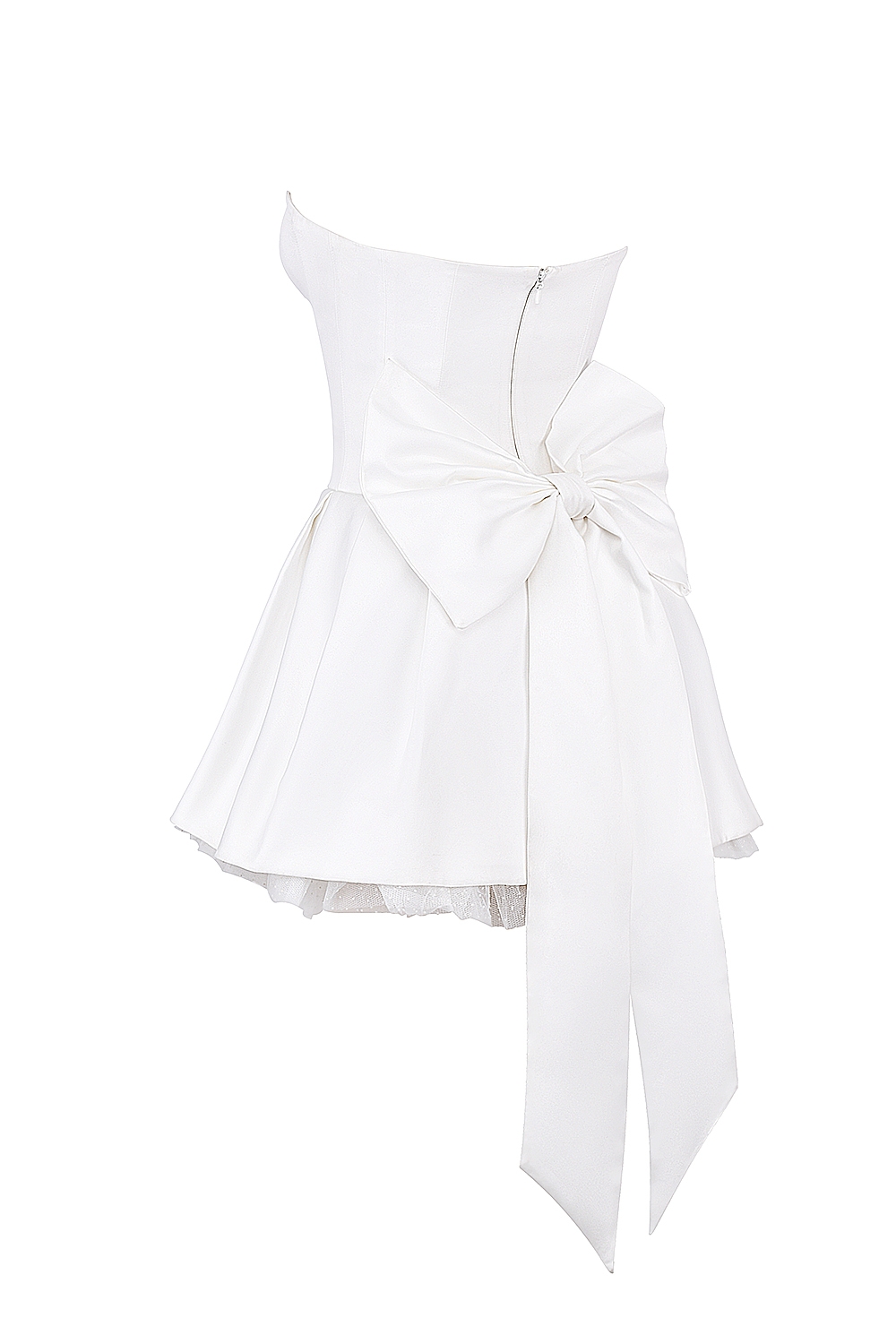 white satin strapless bow mini gown