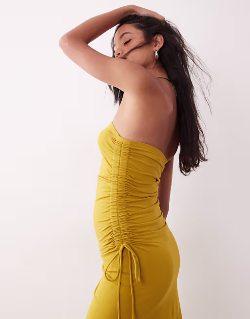 bandeau ruched side midi dress ochre