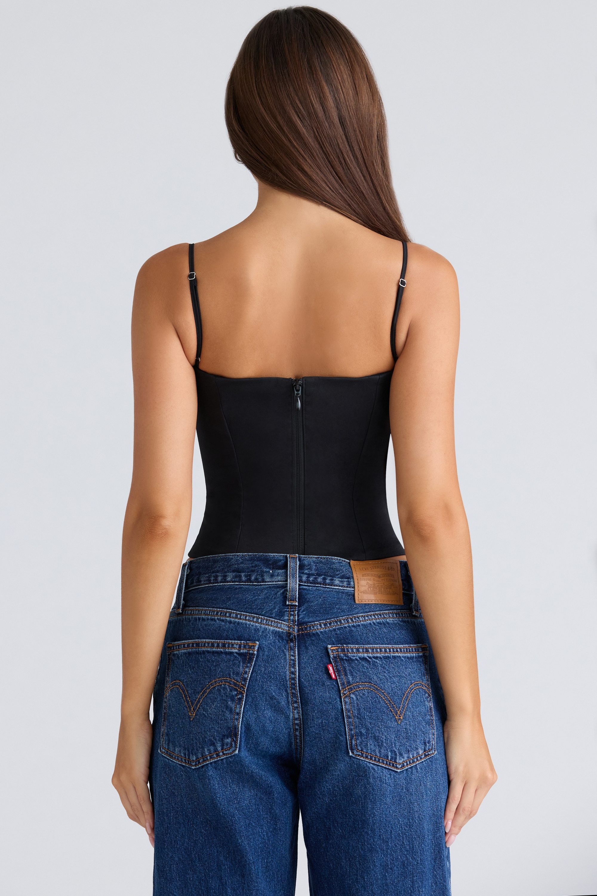 black stretch twill cupped corset top