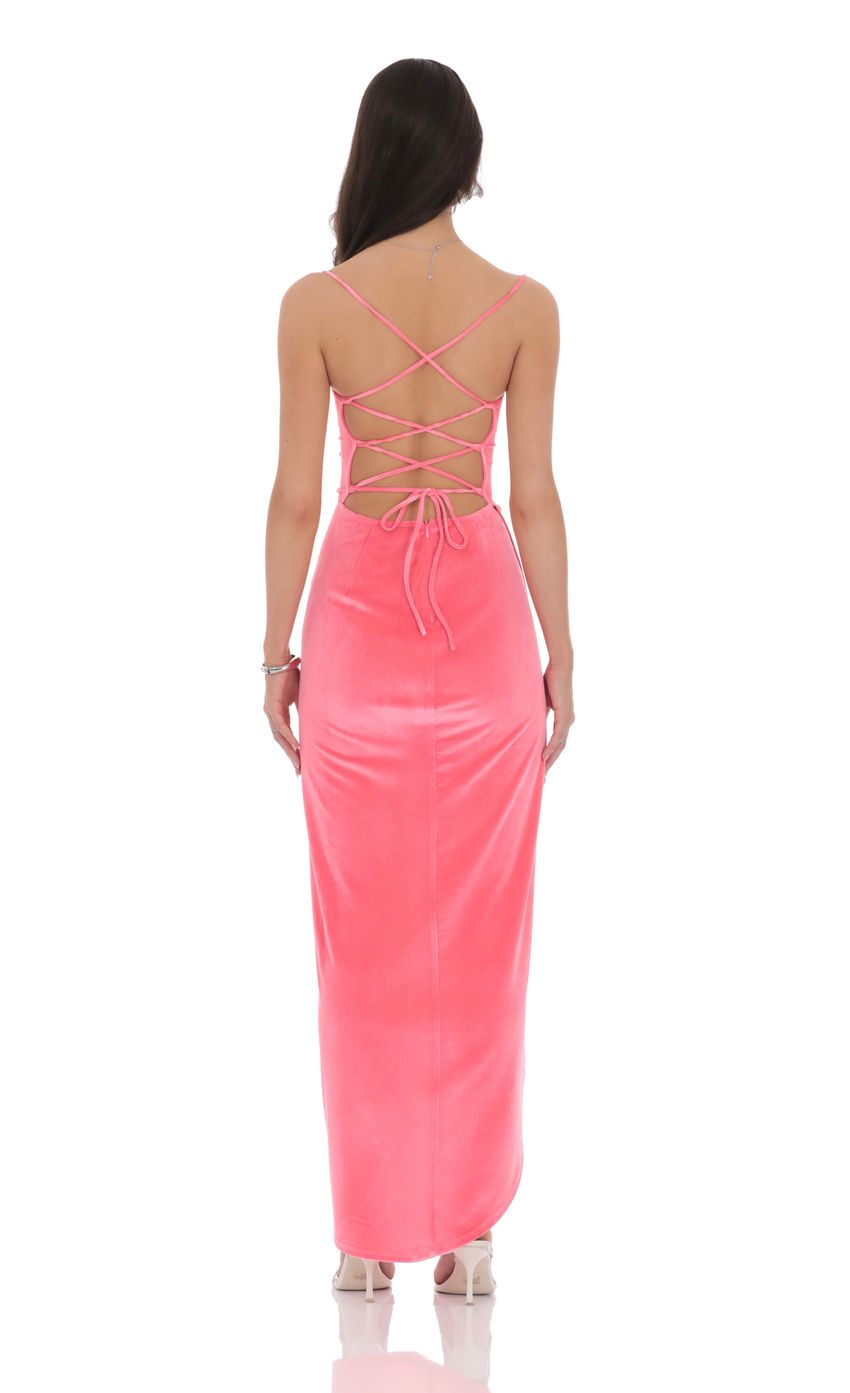 Velvet Asymmetrical Maxi Dress in Hot Pink