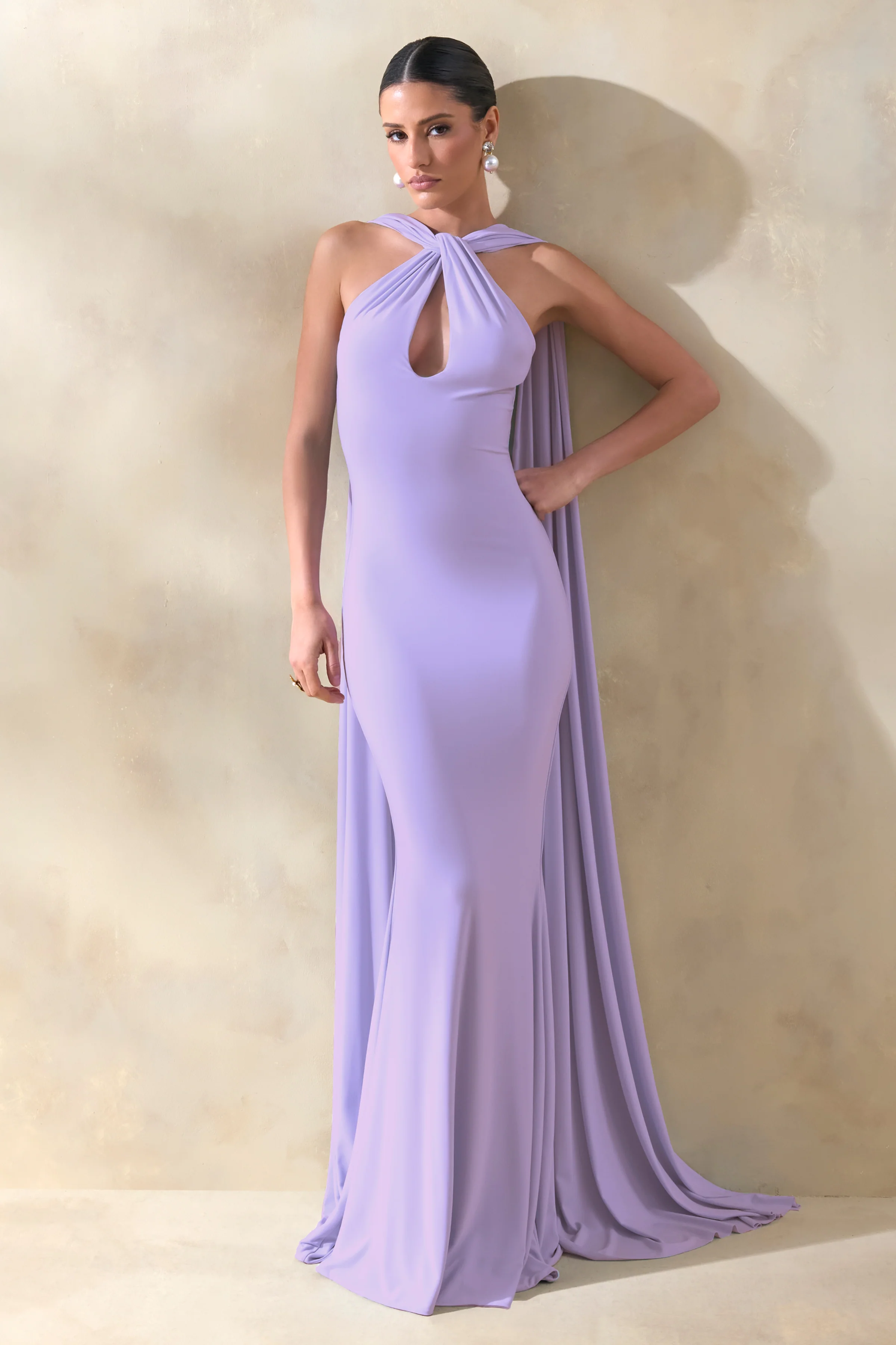 Rhoda | Lilac Twist Halter-Neck Cape Maxi Dress