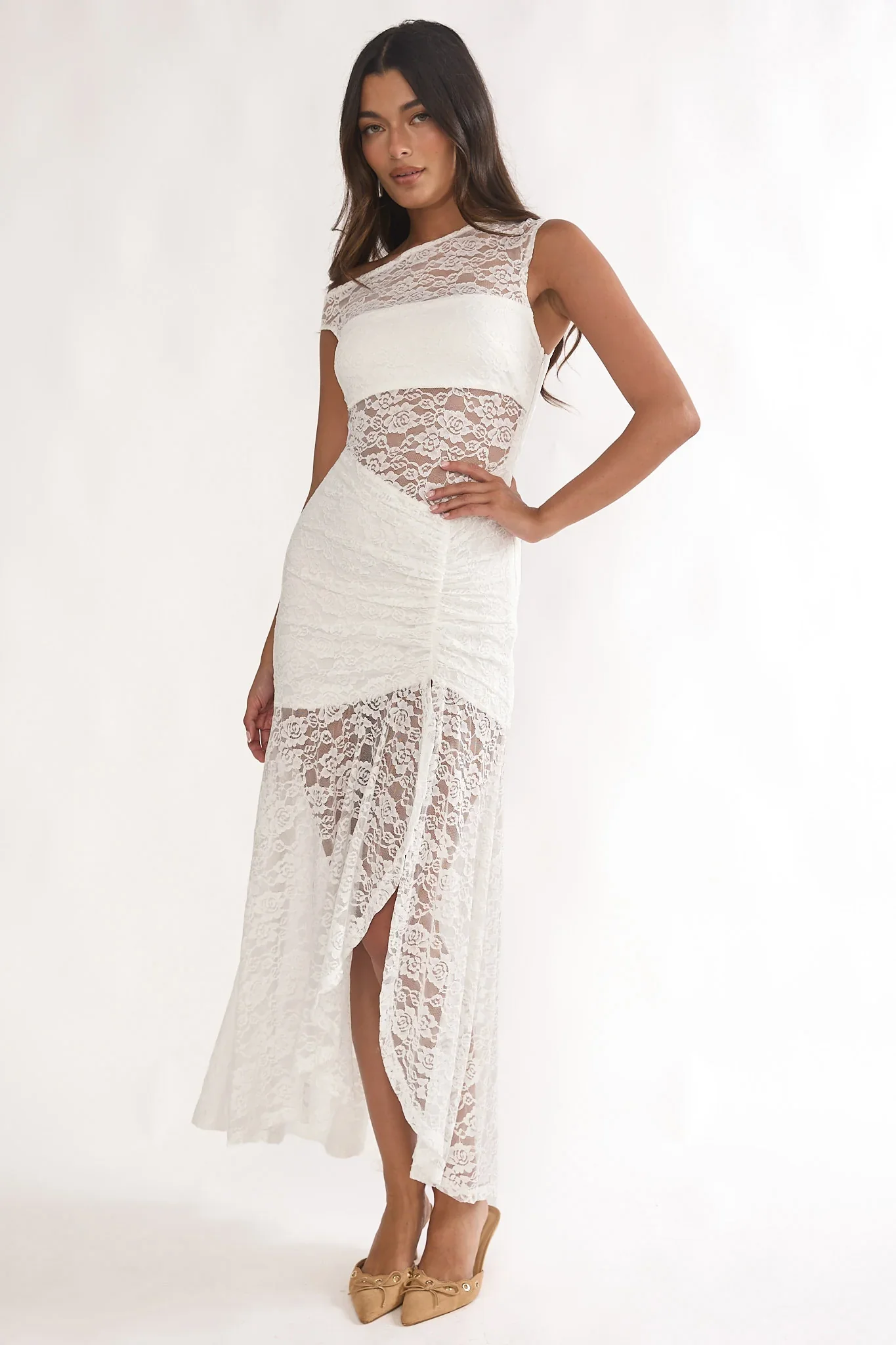 Moonlit Magic Asymmetric Neckline Lace Maxi Dress White