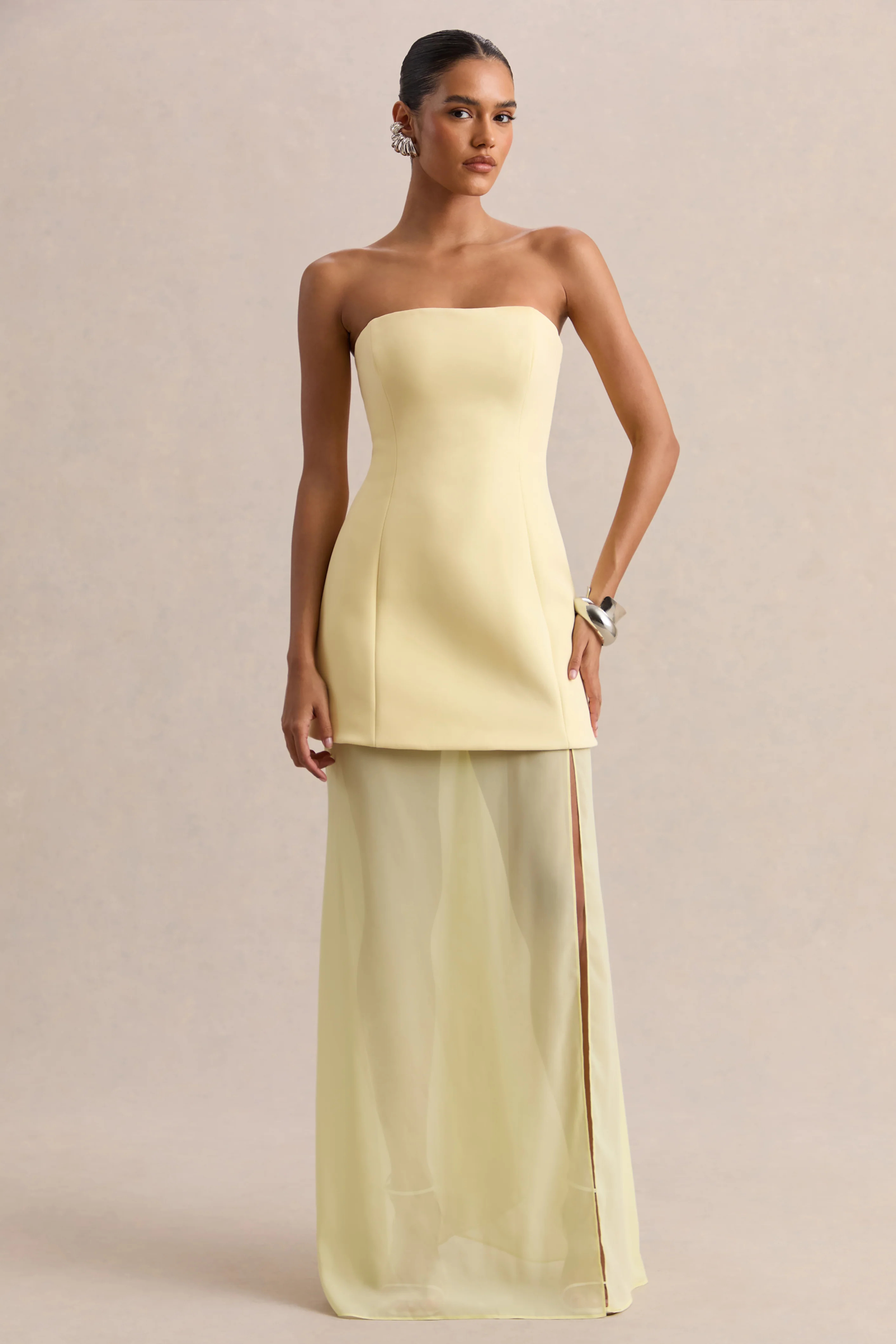 Chessa | Lemon Boat-Neck Maxi Dress With Sheer Cape