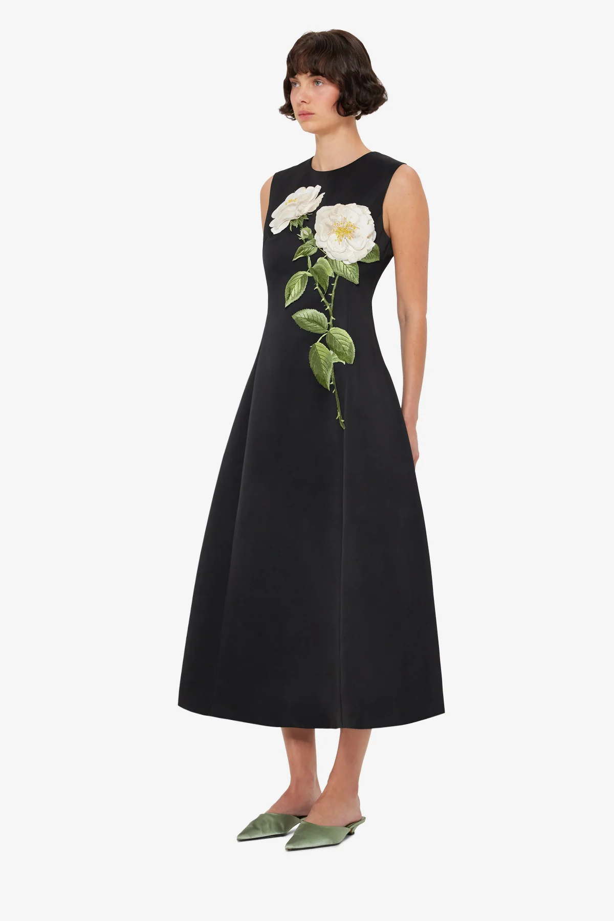Cleo Embellished Sleeveless Midi Dress - White Rose Print