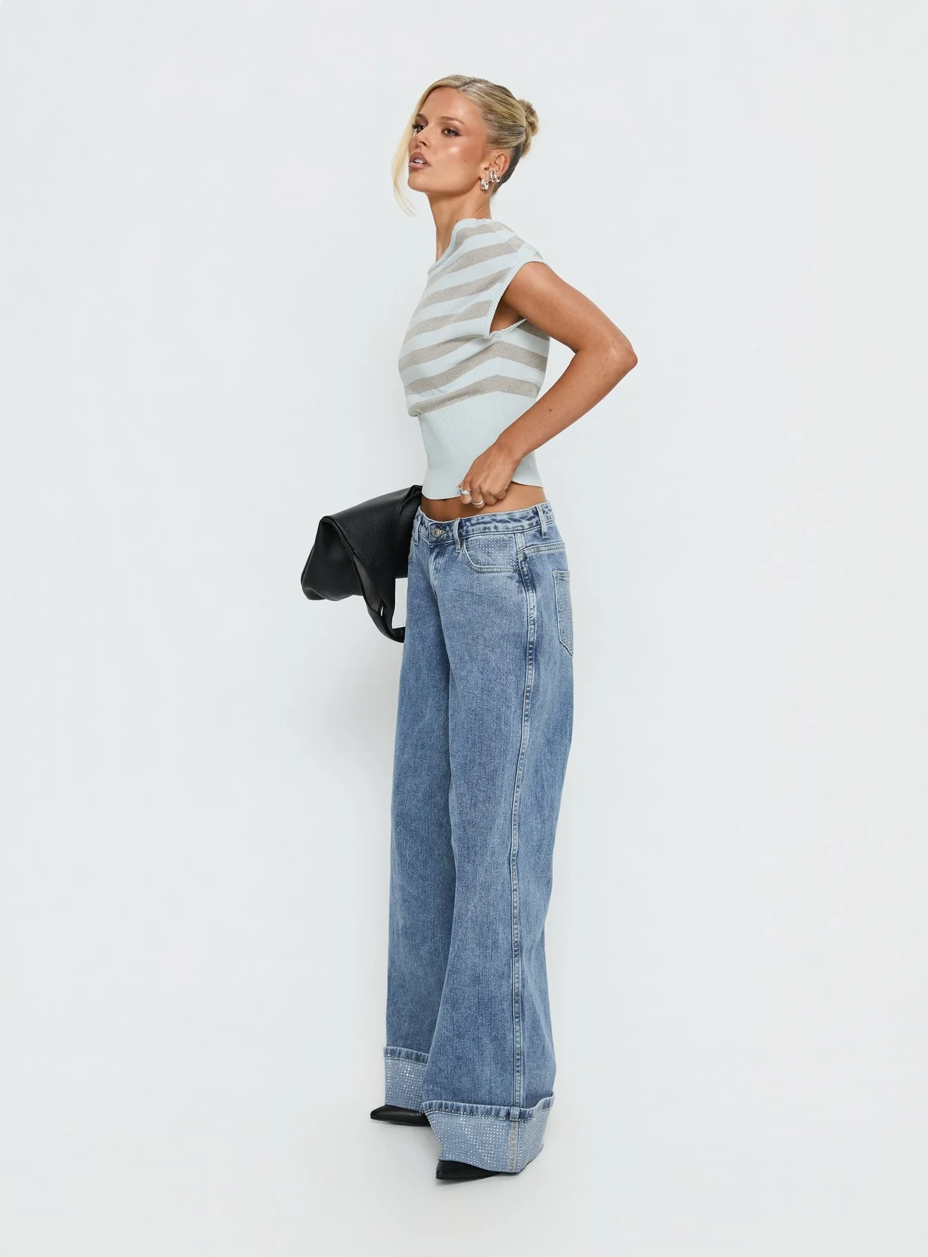 Ramos Diamante Low Rise Wide Leg Denim Jeans Washed Mid Blue