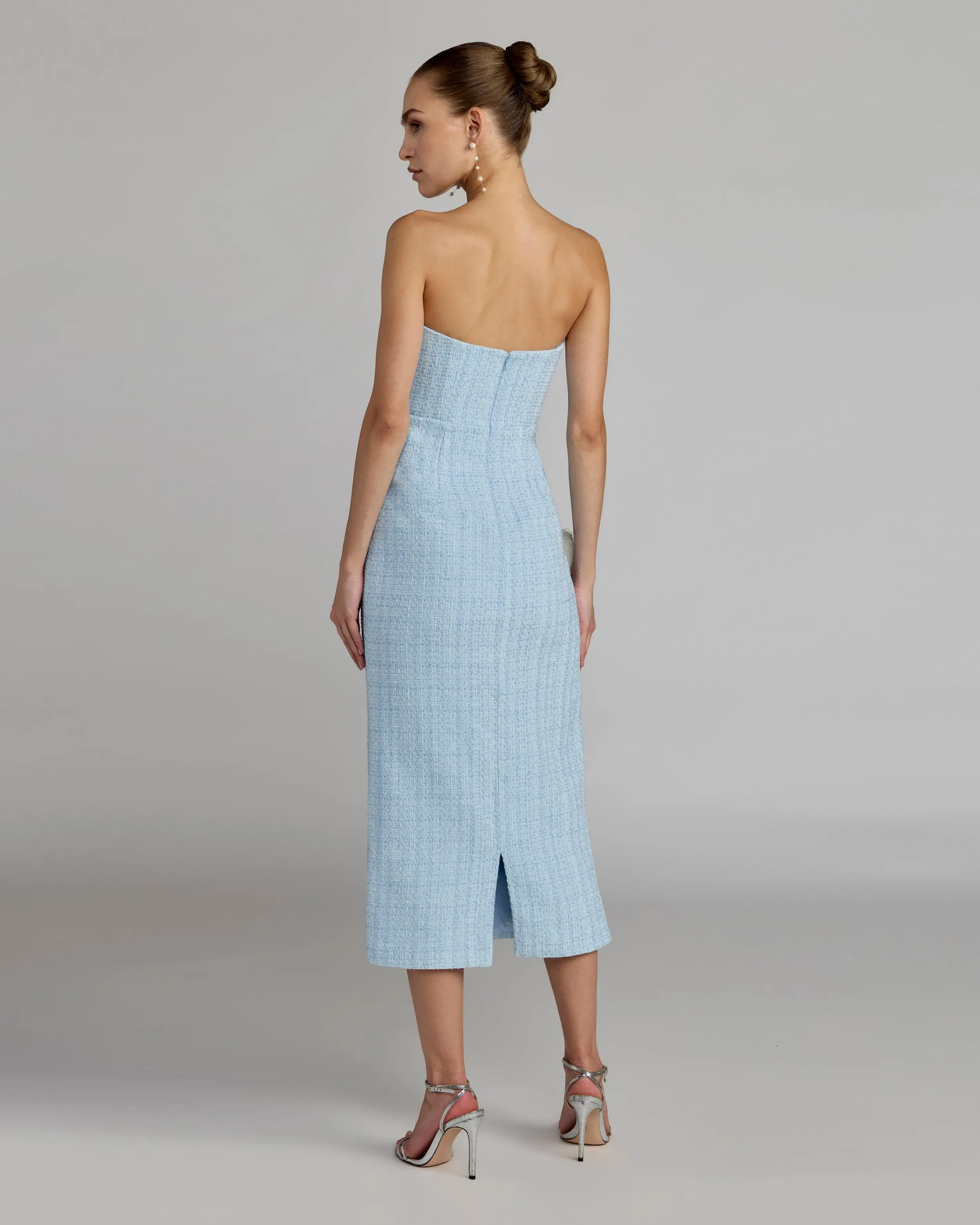 Blue Boucle Strapless 3D Floral Midi Dress - FASHION NOB