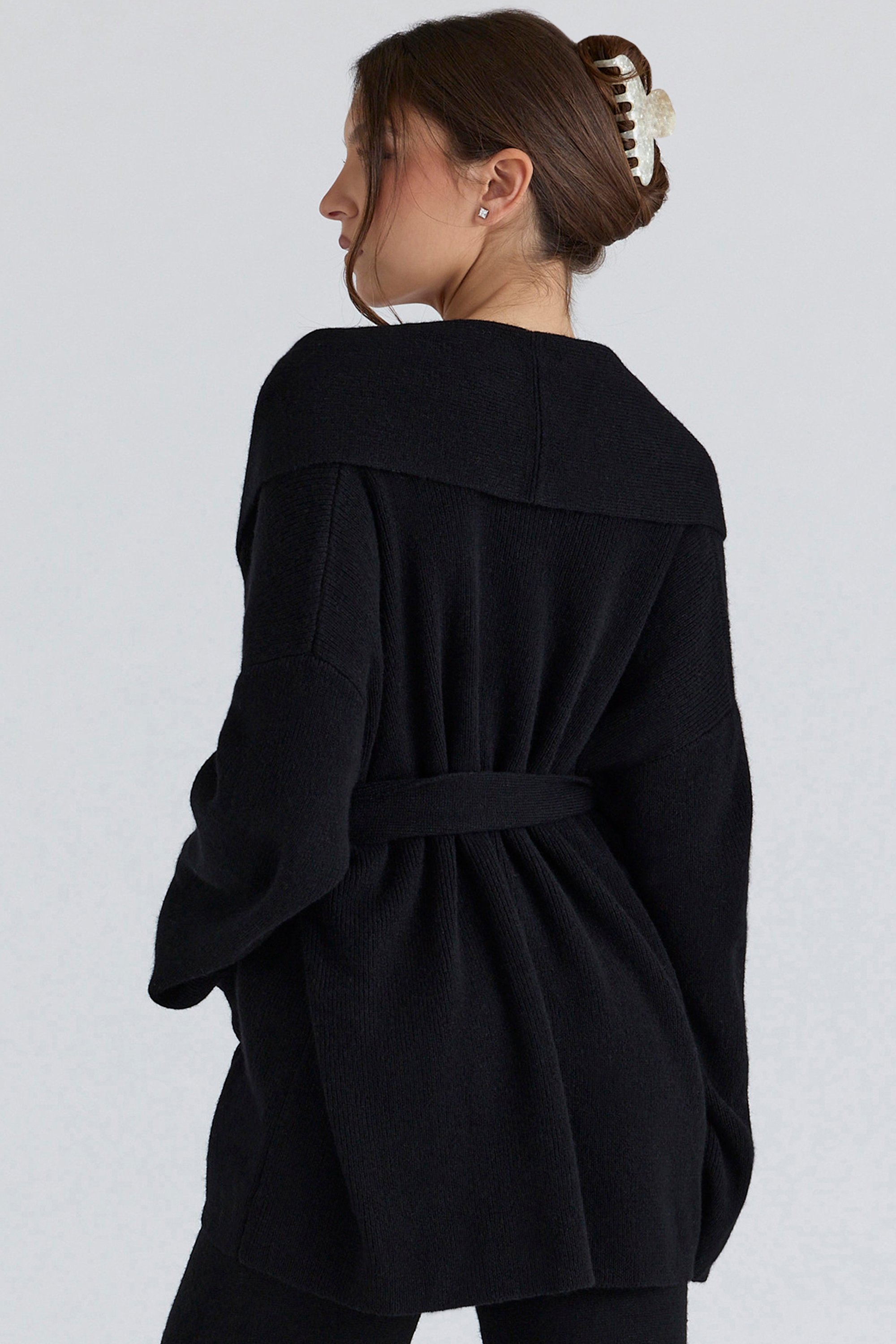 Black Pure Wool Draped Front Cardigan