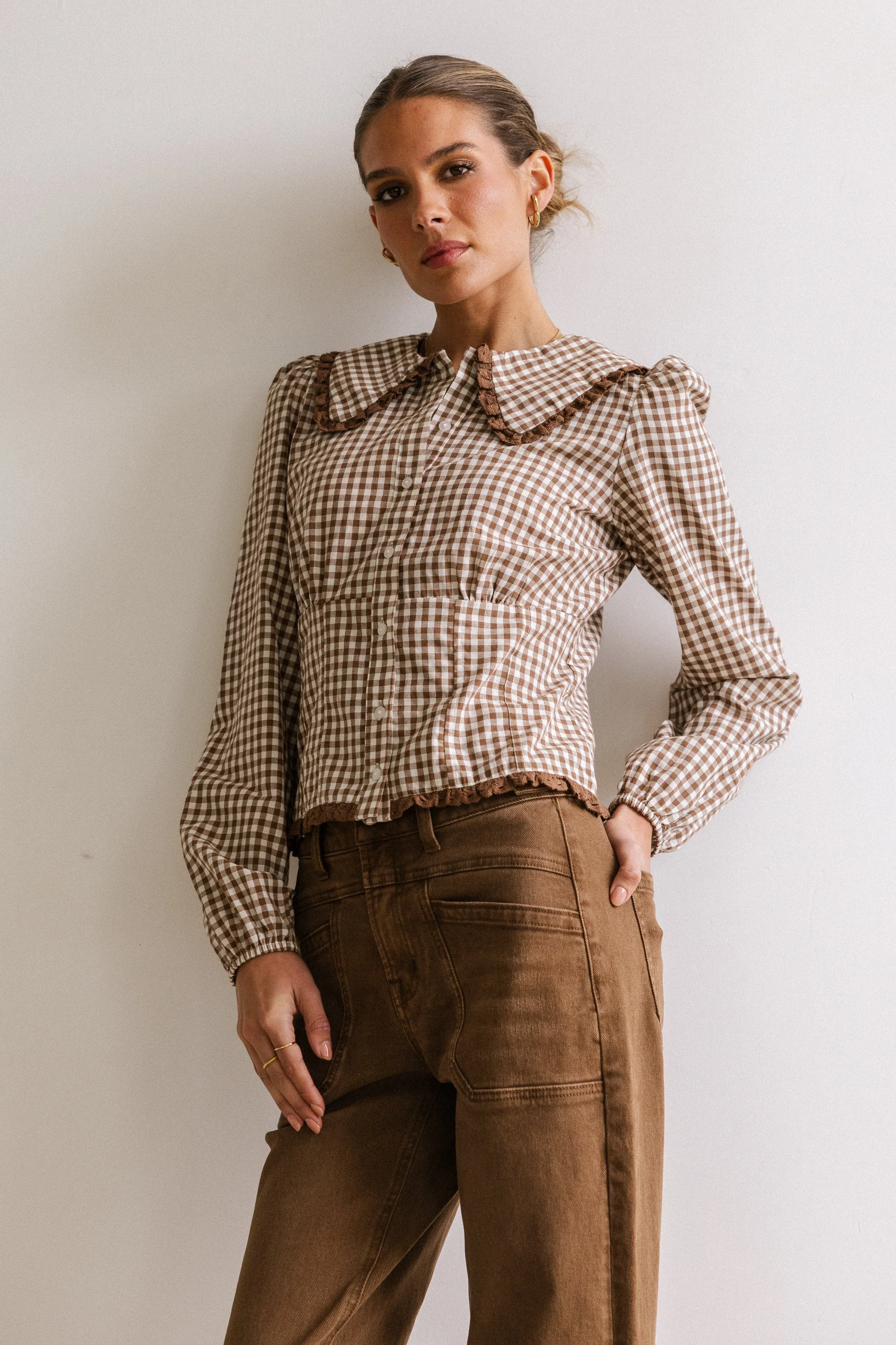 Brenna Gingham Blouse in Mocha