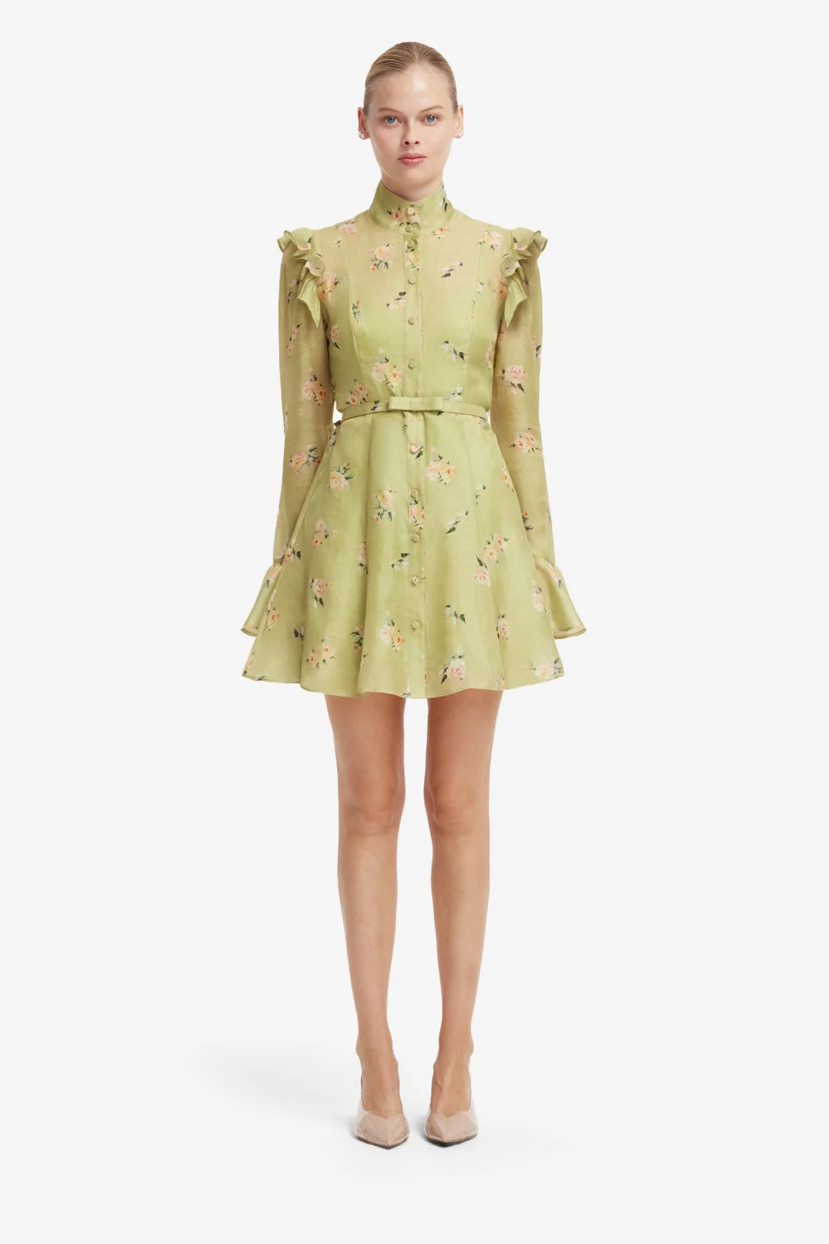 Kristy Butterfly Sleeve Mini Dress - Pistachio Rose Print