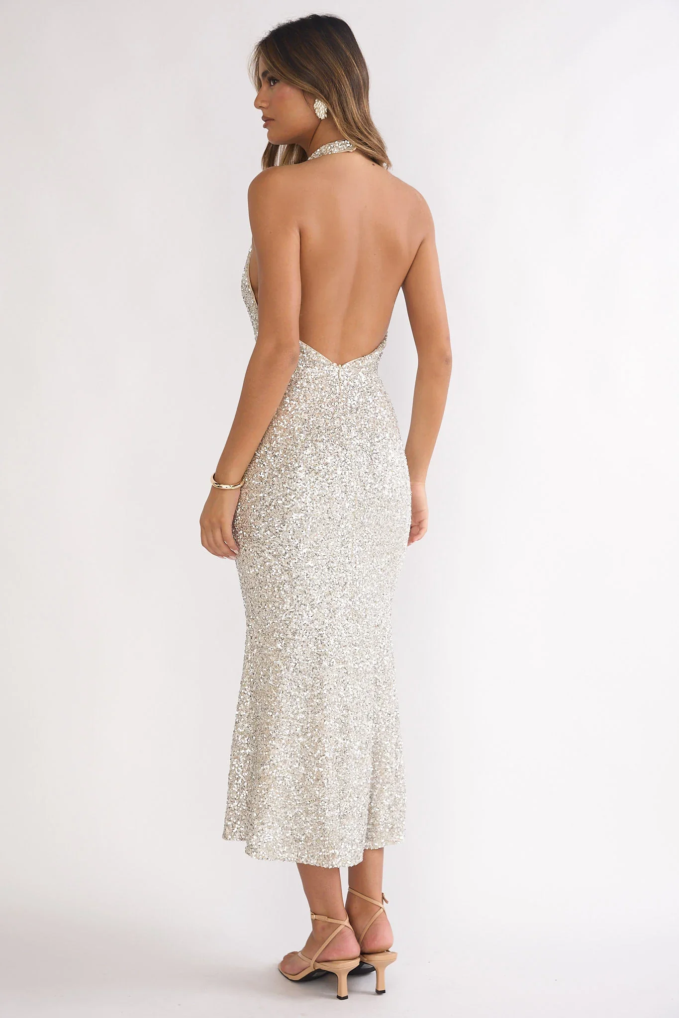 Sky Of Diamonds Backless Midi Dress Sequin Silver