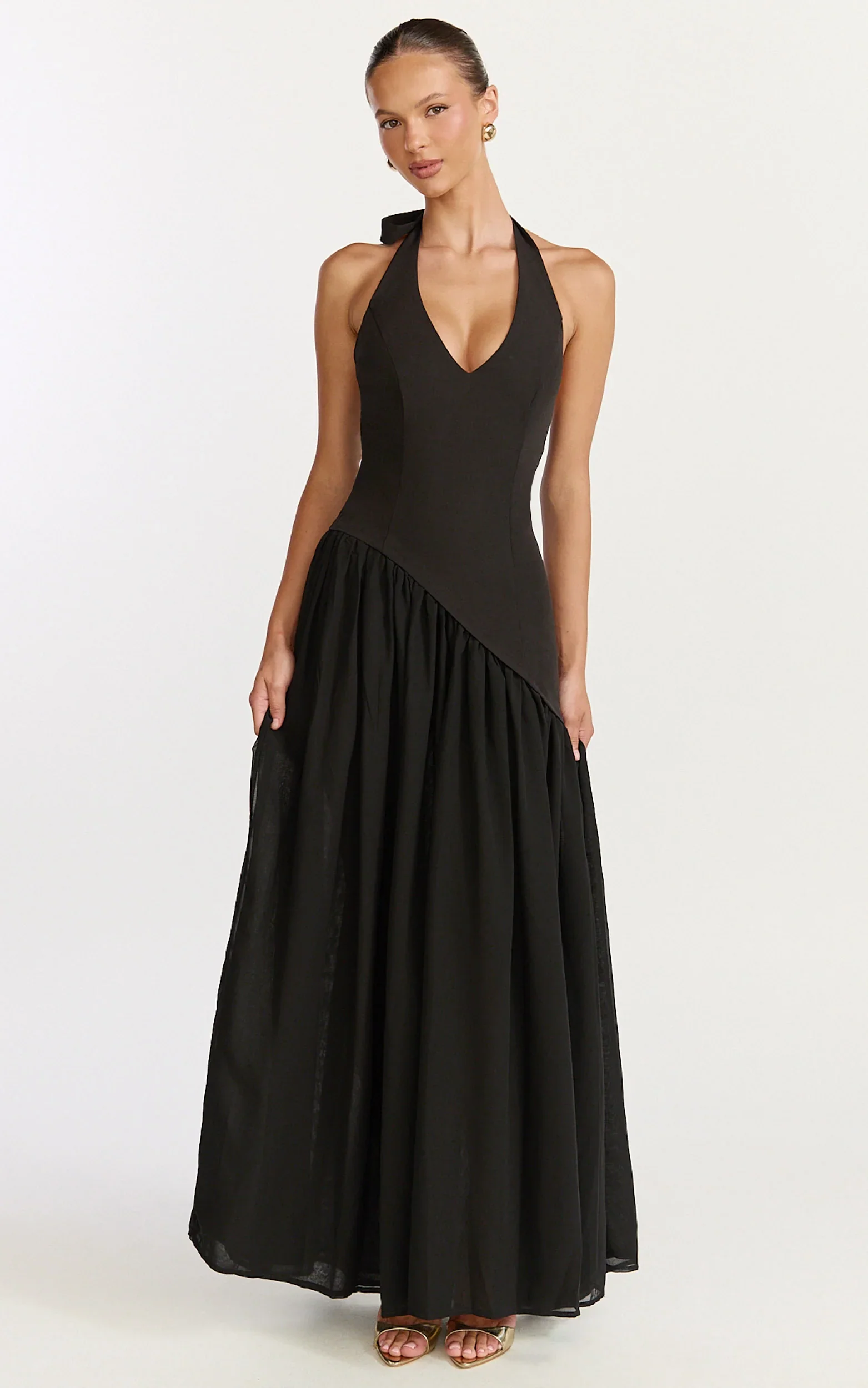 Calla Maxi Dress - Halter Neck Asymmetric Dropped Waist Dress in Black
