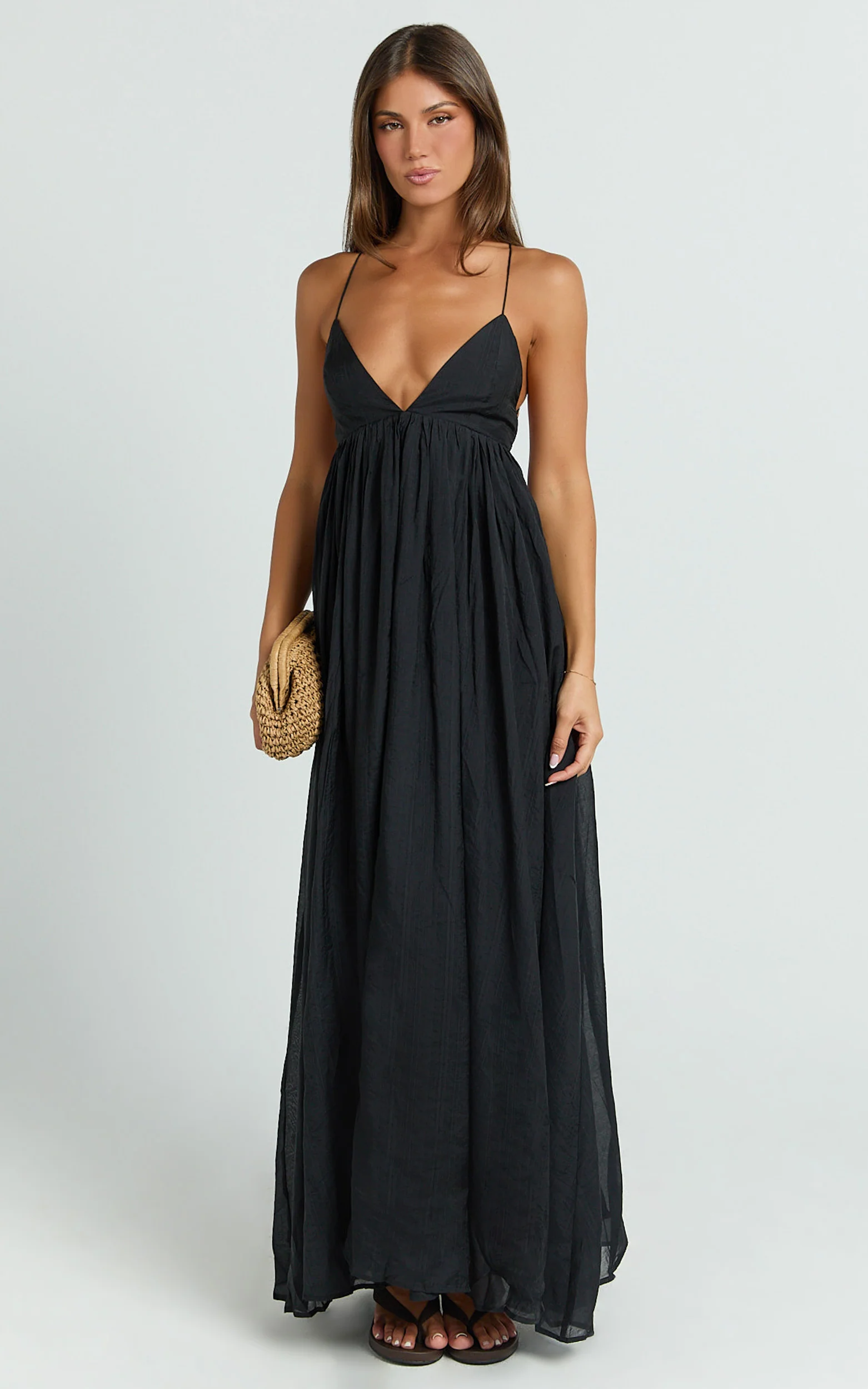 Kourtney Maxi Dress - Plunge V Neck Fit And Flare Dress in Black