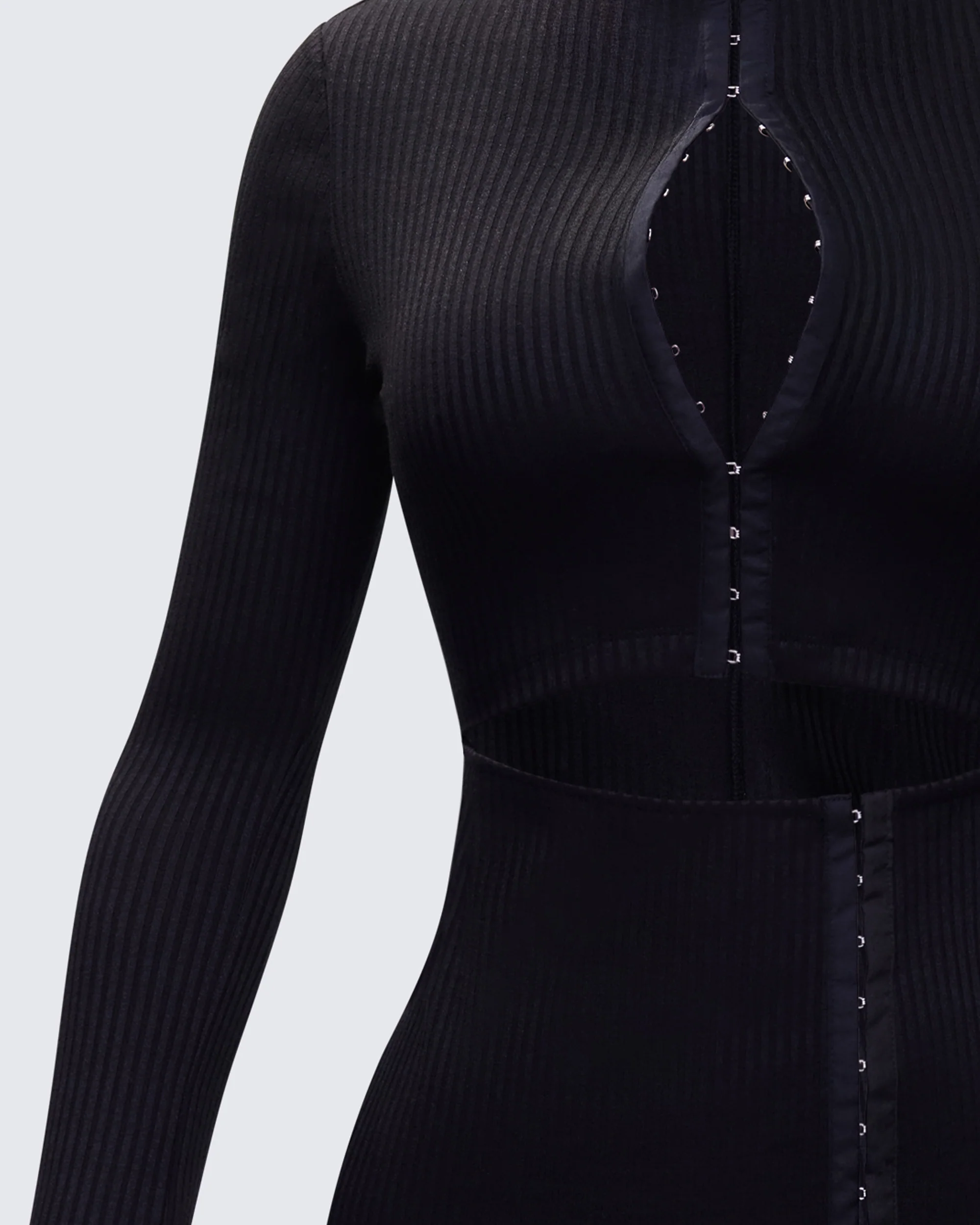 Eithne Black Rib Eyelet Front Mini Dress