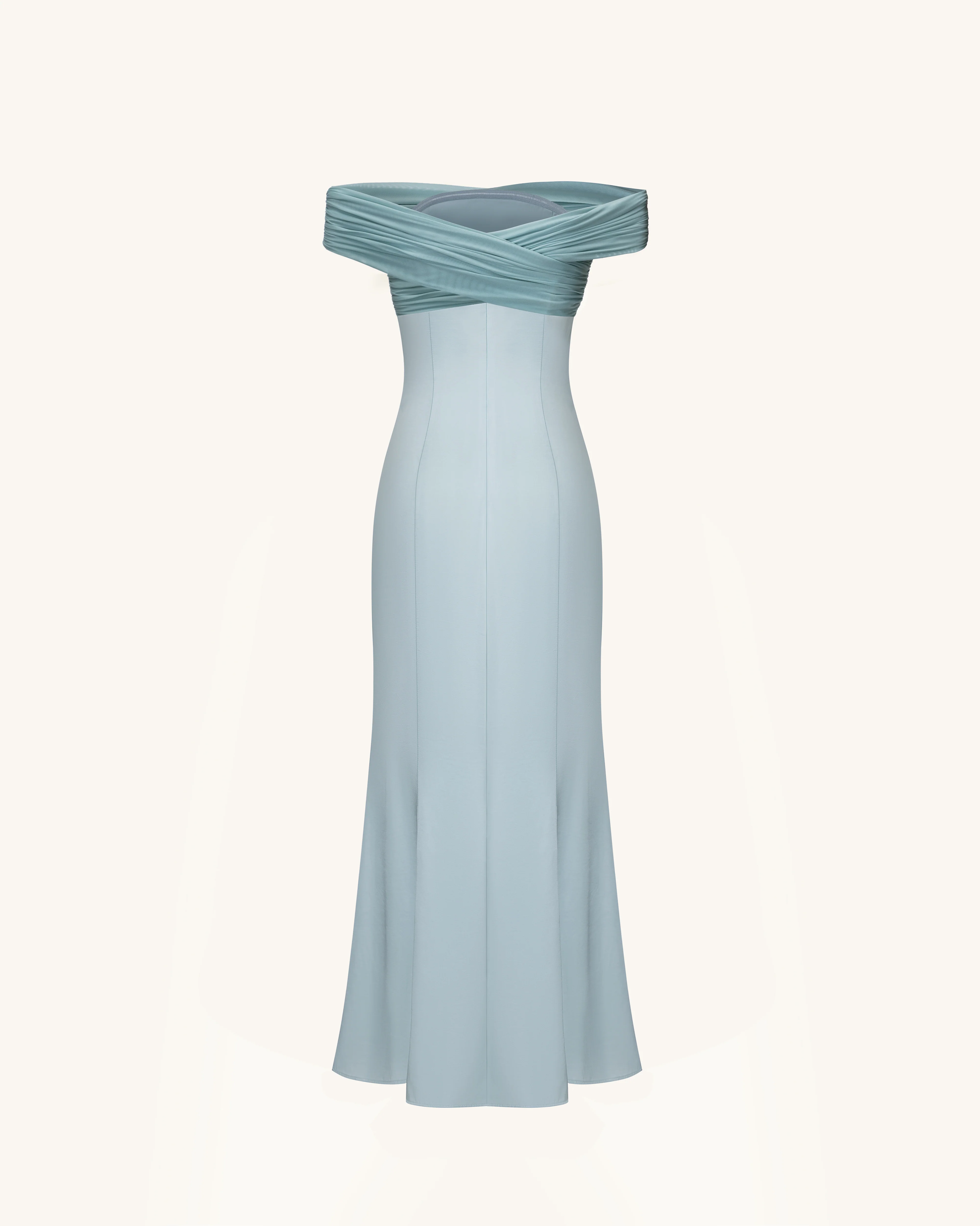 Pleated Cross-Halter Satin Maxi Dress - Dusty Blue - FASHION NOB