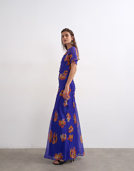 Topshop chiffon maxi dress with pintuck detailing in purple and orange floral