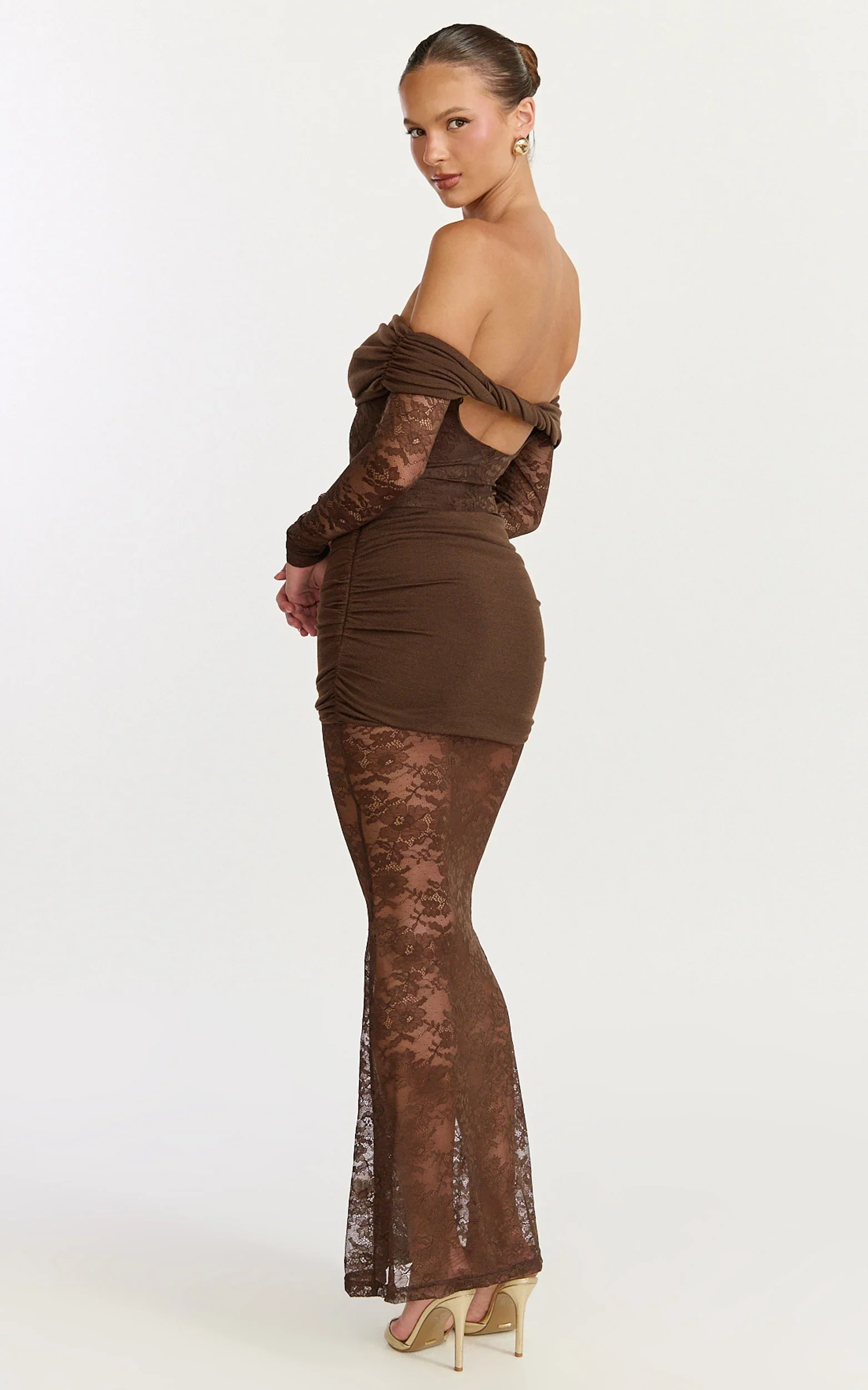 Juliet Maxi Dress - Off Shoulder Long Sleeve Ruched Overlay Lace Dress in Choc