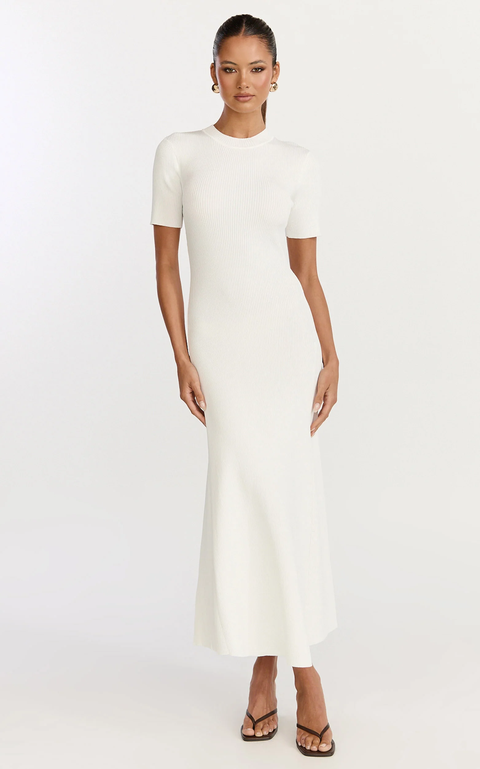 Lanie Midi Dress - Knitted Crew Neck Short Sleeve Dress in Cream